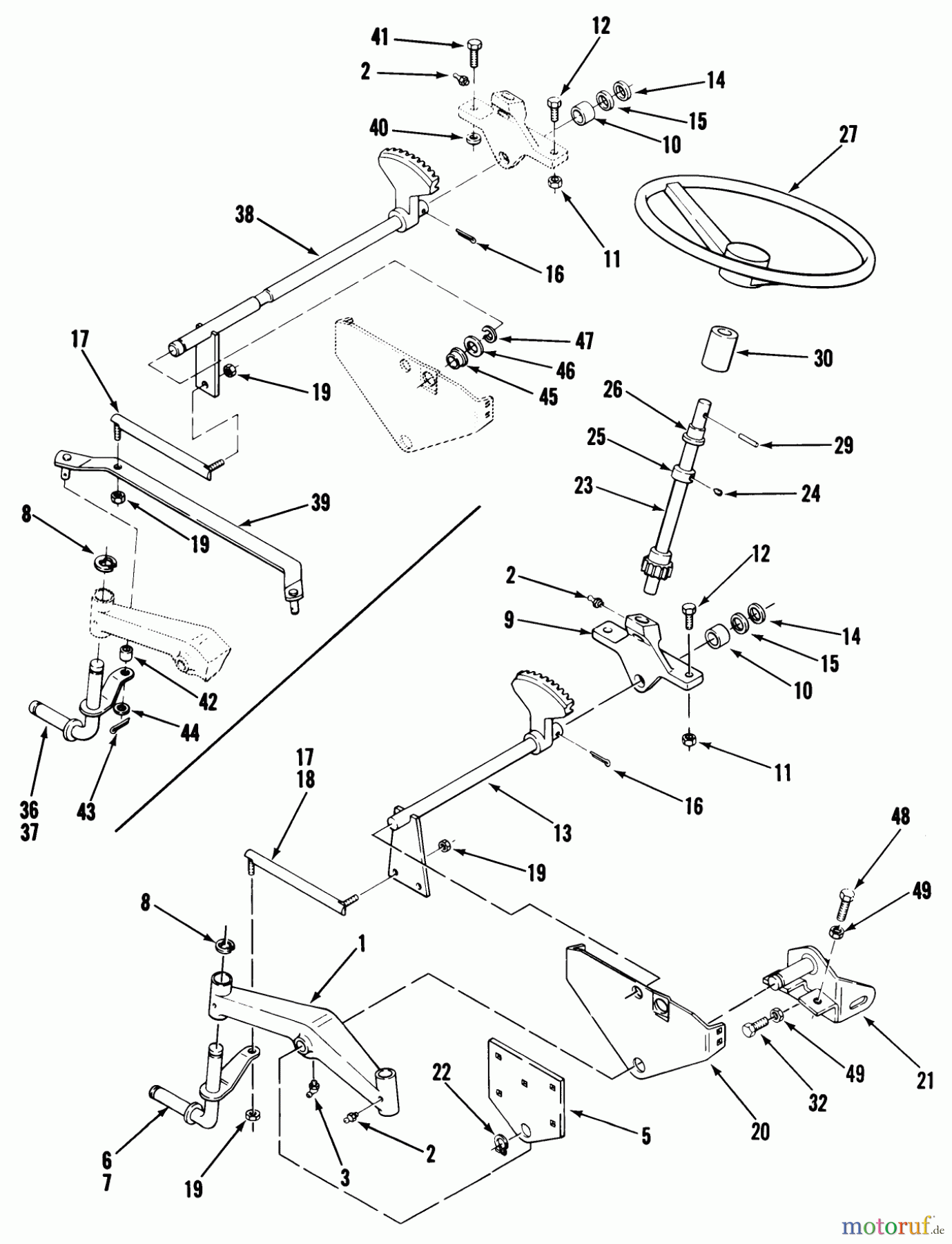 Toro Neu Mowers, Lawn & Garden Tractor Seite 2 A2-163701 (LT-1637) - Toro LT-1637 Twin 5-Speed Tractor, 1982 FRONT AXLE AND STEERING (MOWER HANGER)