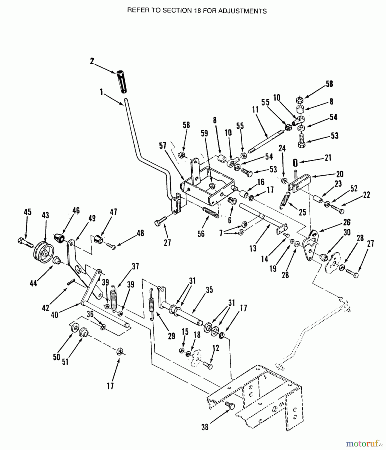 Toro Neu Mowers, Lawn & Garden Tractor Seite 2 E1-18OE01 (518-HE) - Toro 518-HE Automatic Garden Tractor, 1988 CLUTCH, BRAKE & SPEED CONTROL LINKAGE #1
