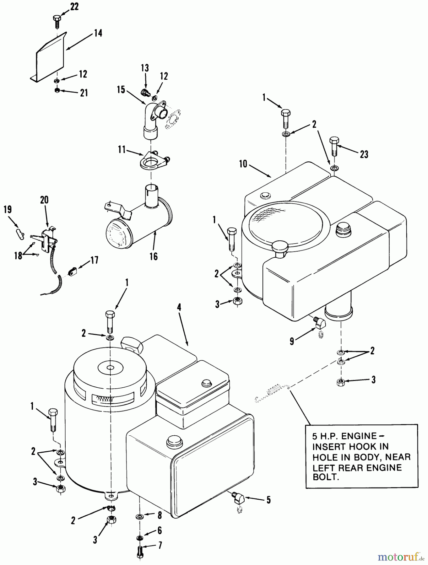 Toro Neu Mowers, Rear-Engine Rider 03-11BP02 (A-111) - Toro A-111 5-Speed Rear Engine Rider, 1981 ENGINE, THROTTLE CONTROL AND EXHAUST SYSTEM