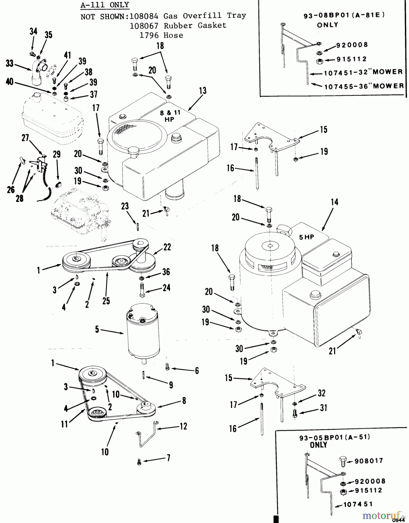 Toro Neu Mowers, Rear-Engine Rider 93-05BP01 (A-51) - Toro A-51 5-Speed Rear Engine Rider, 1979 ENGINE/DRIVE MOTOR, DRIVE BELT AND PULLEYS