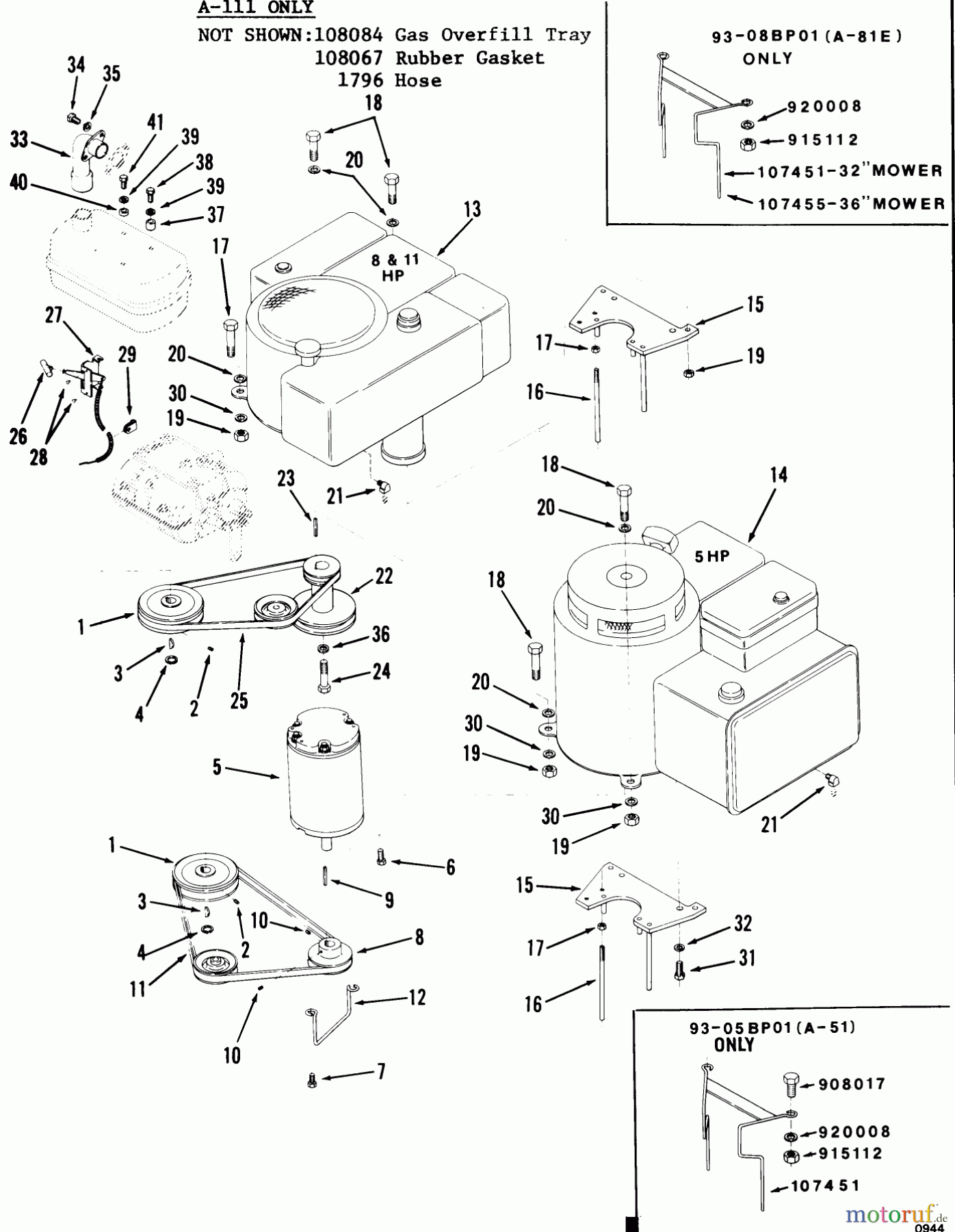 Toro Neu Mowers, Rear-Engine Rider 93-08BP02 (A-81E) - Toro A-81(E) 5-Speed Rear Engine Rider, 1979 ENGINE/DRIVE MOTOR, DRIVE BELT AND PULLEYS (CONT-D)