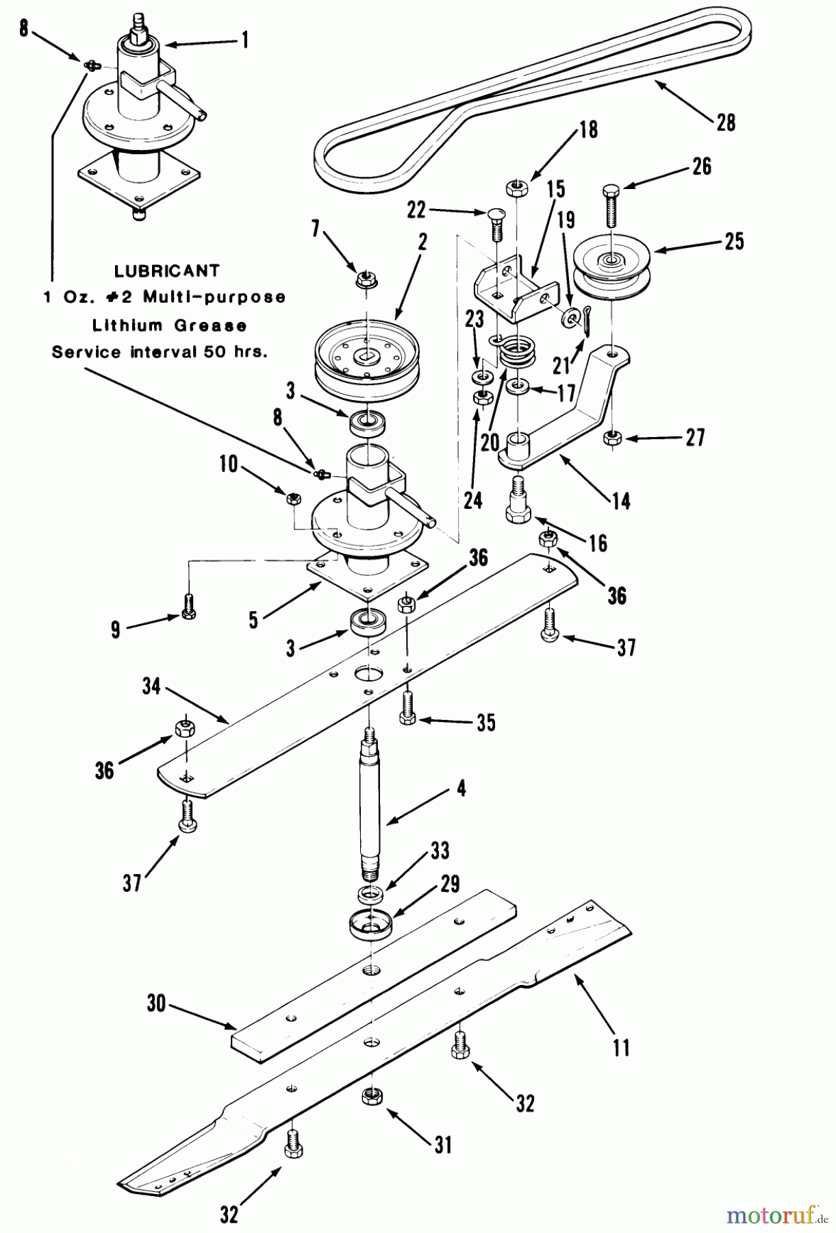 Toro Neu Mowers, Rear-Engine Rider 33-08X301 (108-R) - Toro 108-R Rear Engine Rider, 1985 SPINDLE, PULLEYS, AND DRIVE BELT