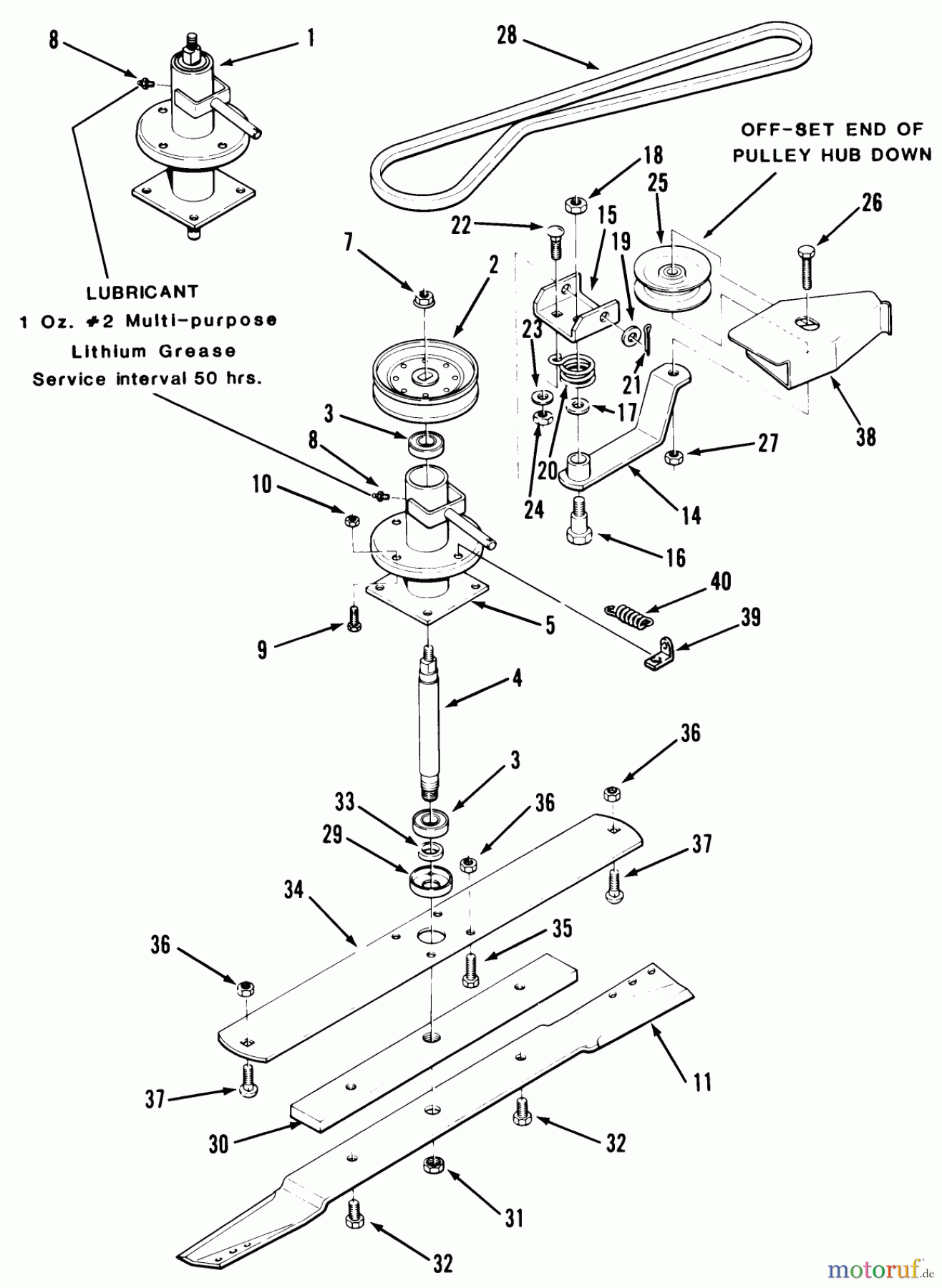 Toro Neu Mowers, Rear-Engine Rider B3-08B303 (108-3) - Toro 108-3 Rear Engine Rider, 1986 SPINDLE, PULLEYS, AND DRIVE BELT