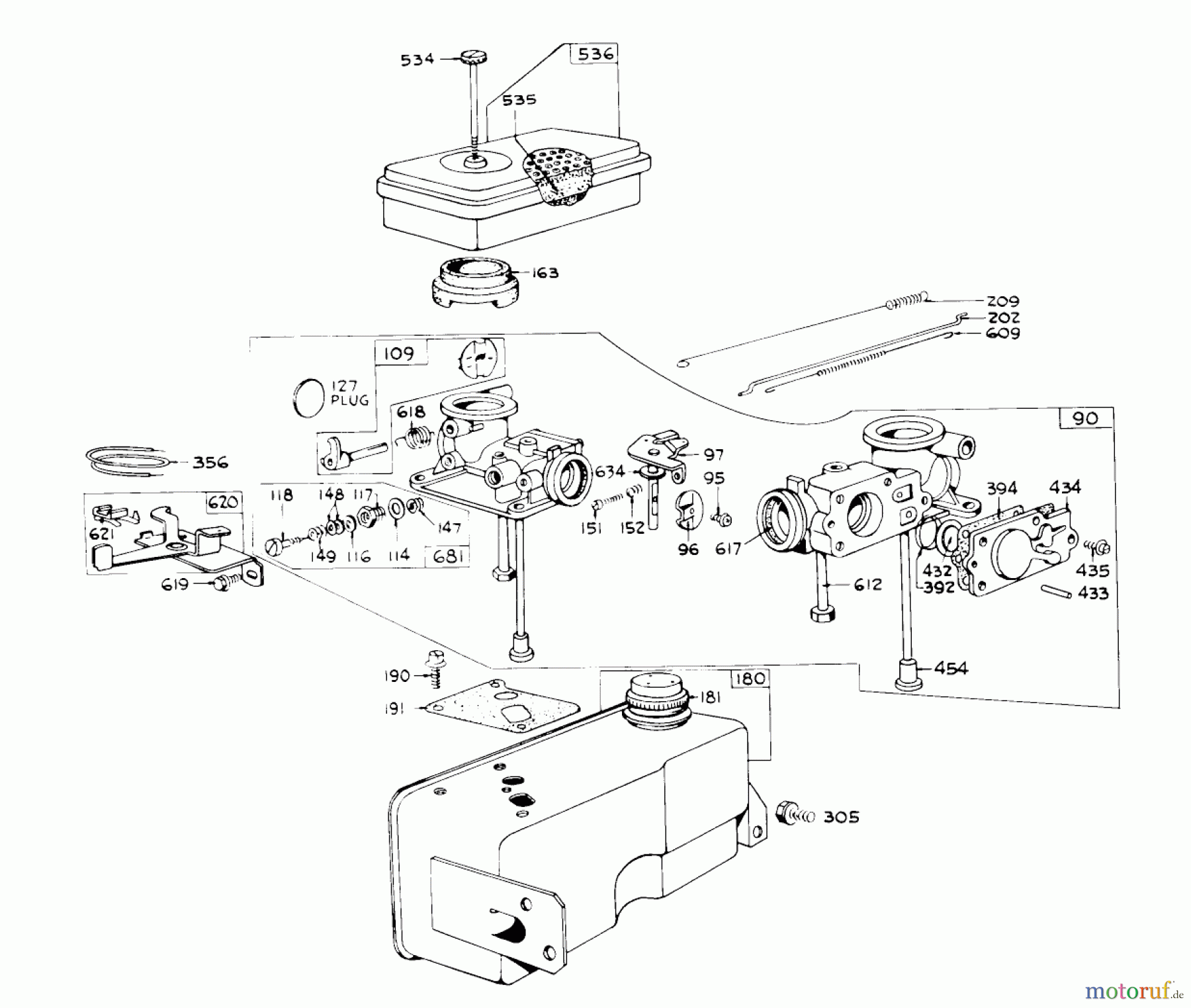Toro Neu Mowers, Rear-Engine Rider 56000 (526) - Toro 526 Sportsman Rider, 1975 (5000001-5999999) CARBURETOR AND FUEL TANK ASSEMBLY