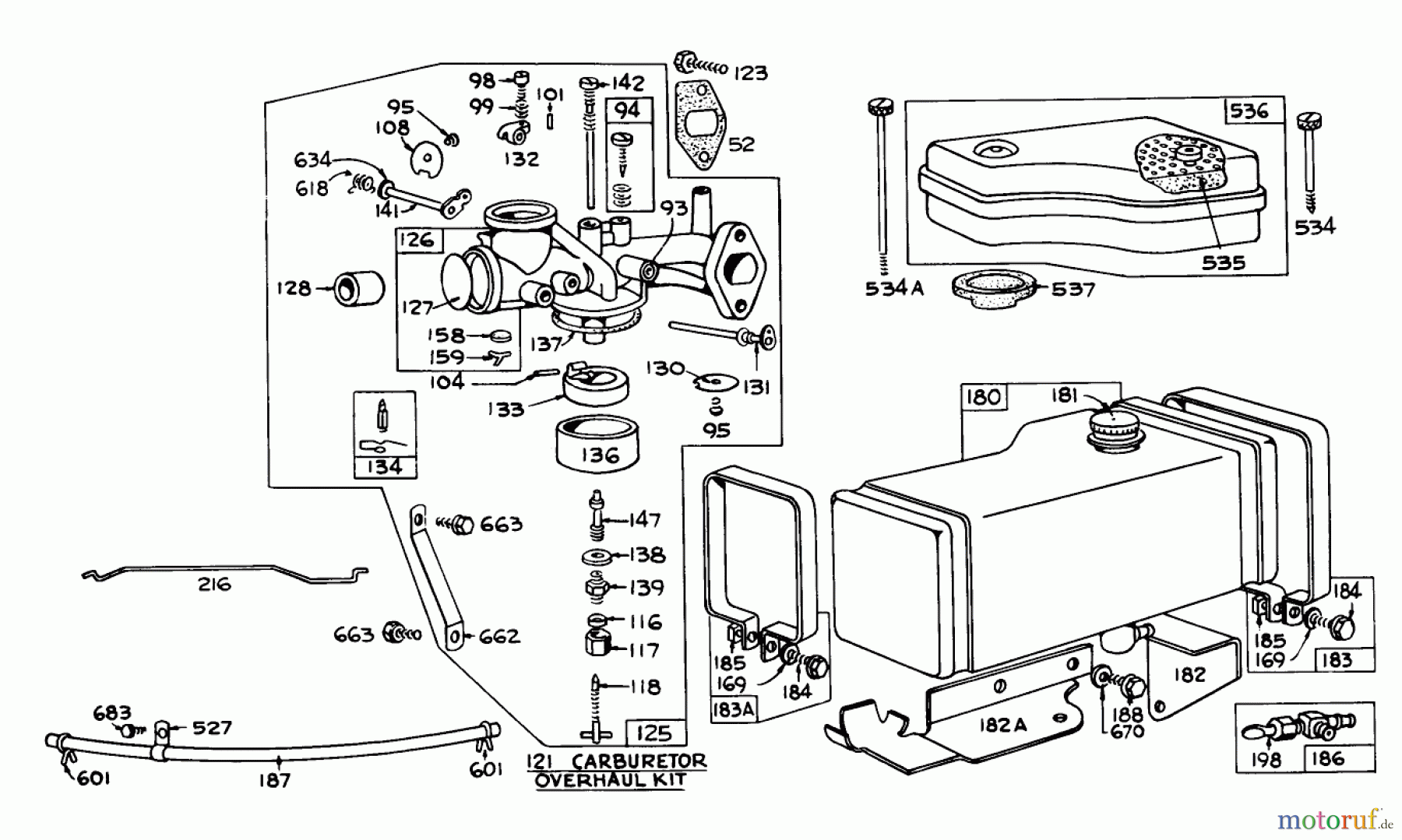 Toro Neu Mowers, Rear-Engine Rider 56100 (732) - Toro 732 Sportsman Rider, 1974 (4000001-4999999) CARBURETOR AND FUEL TANK ASSEMBLY RECOIL AND ELECTRIC START