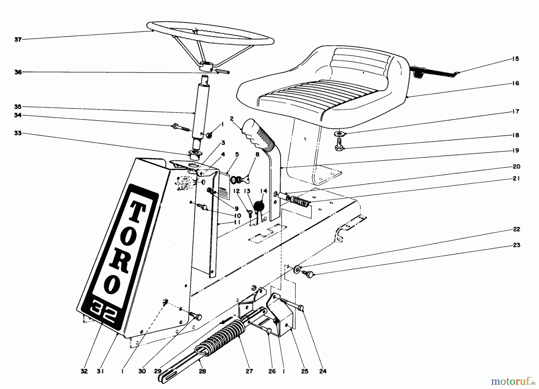 Toro Neu Mowers, Rear-Engine Rider 56150 (732) - Toro 732 Sportsman Rider, 1974 (4000001-4999999) STEERING AND SEAT ASSEMBLY