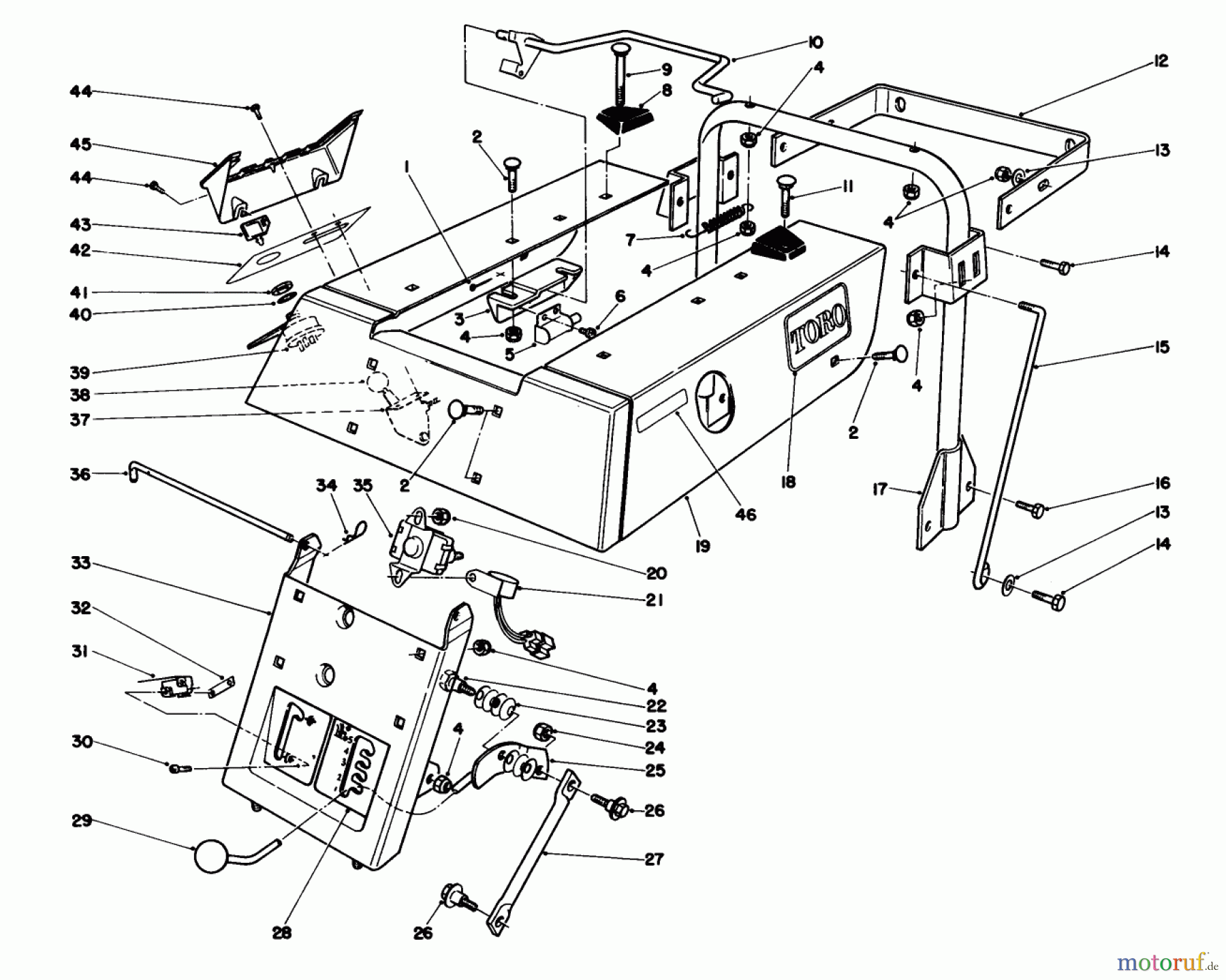 Toro Neu Mowers, Rear-Engine Rider 56127 (7-25) - Toro 7-25 Rear Engine Rider, 1988 (8000001-8999999) REAR BODY ASSEMBLY