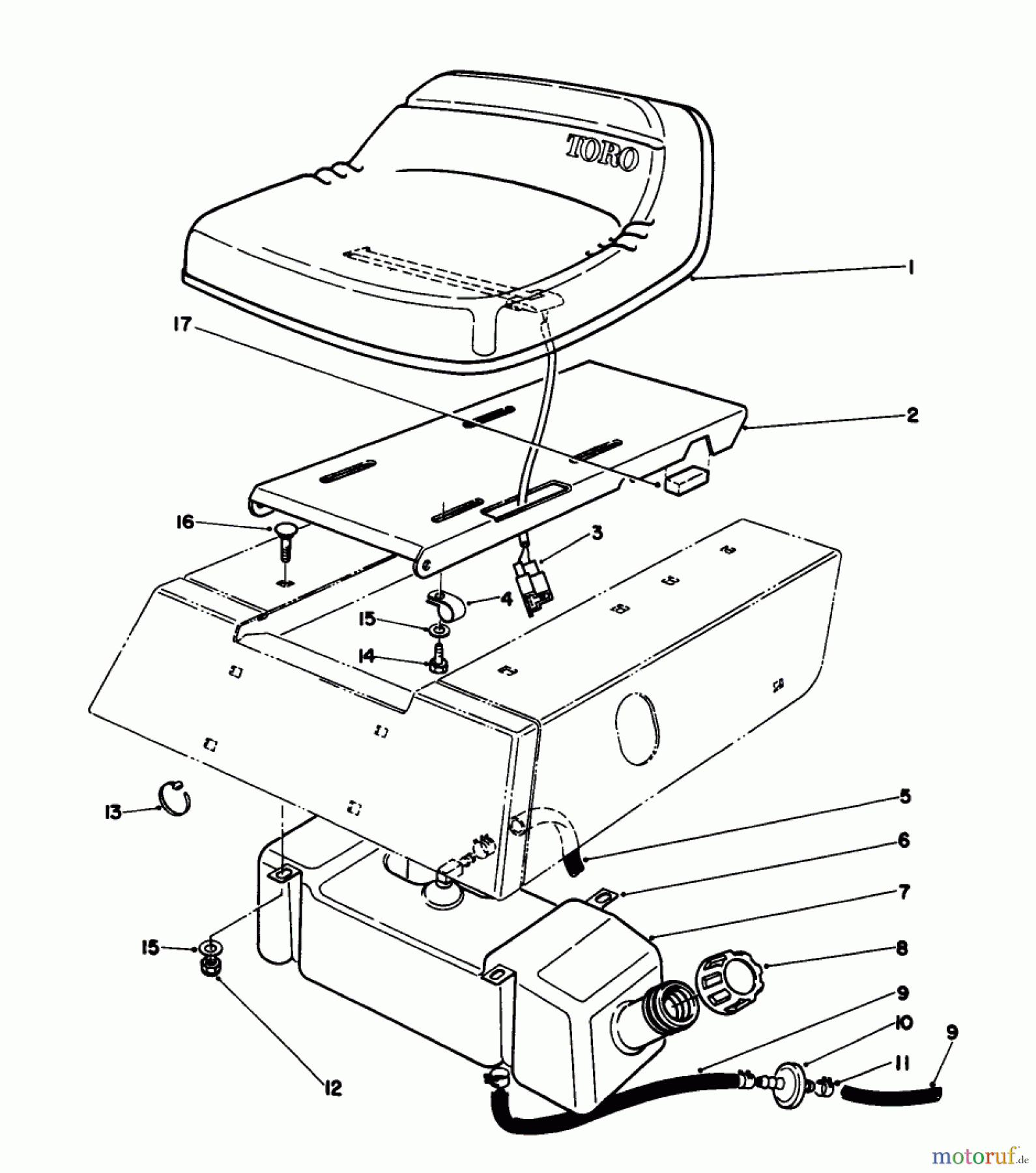 Toro Neu Mowers, Rear-Engine Rider 56132 (8-25) - Toro 8-25 Recycler Rider, 1992 (2000001-2999999) SEAT & GAS TANK ASSEMBLY