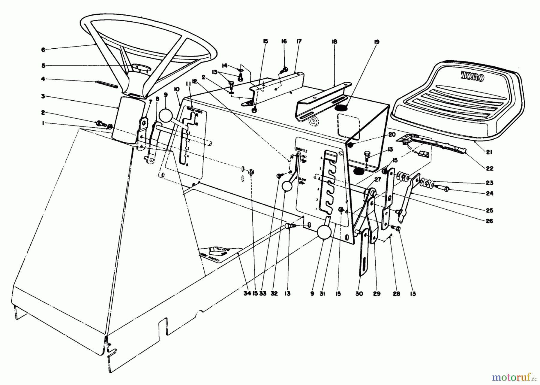 Toro Neu Mowers, Rear-Engine Rider 56138 (8-32) - Toro 8-32 Rear Engine Rider, 1984 (4000001-4999999) SEAT & STEERING WHEEL ASSEMBLY