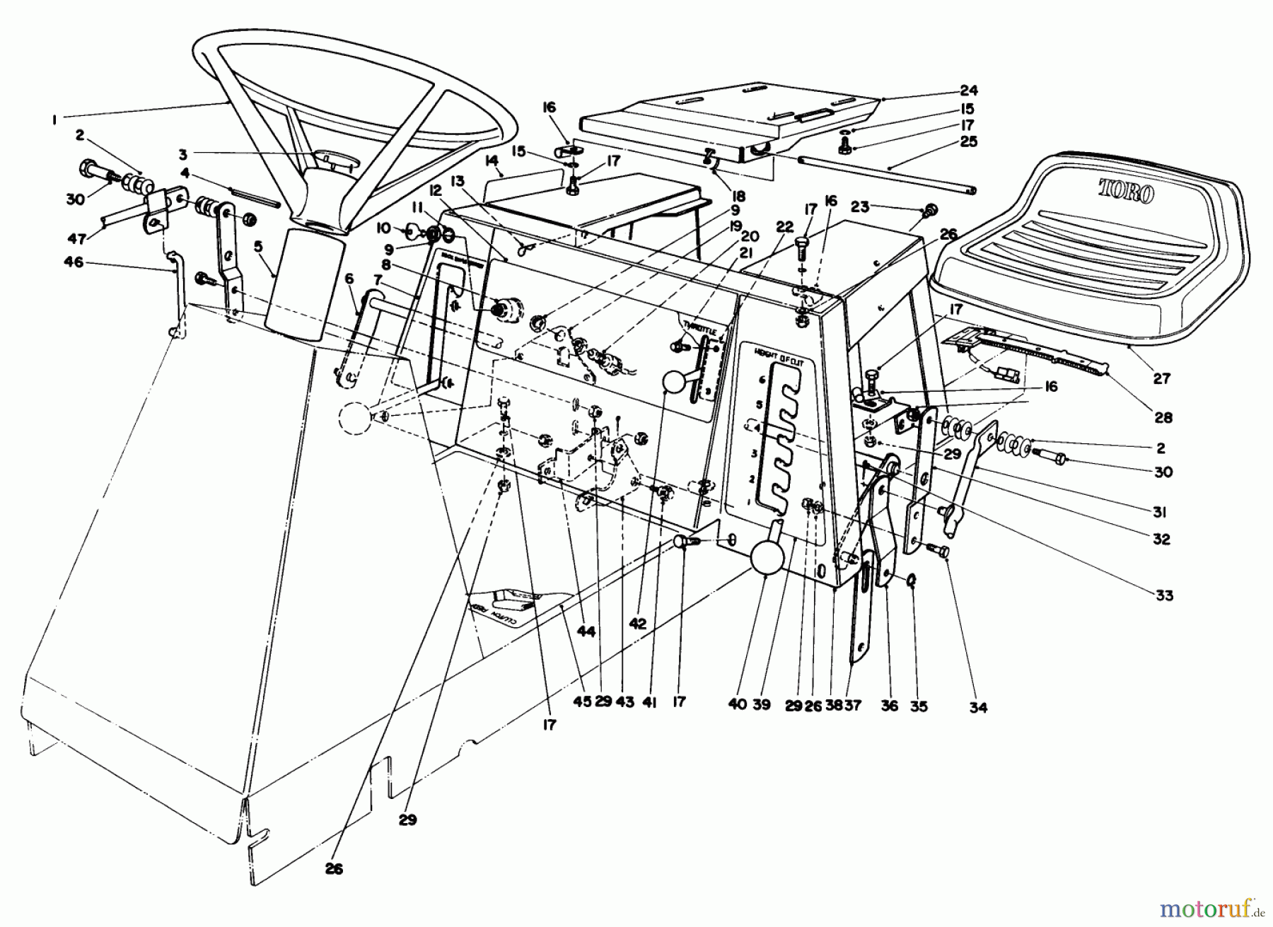Toro Neu Mowers, Rear-Engine Rider 56145 (8-32) - Toro 8-32 Rear Engine Rider, 1986 (6000001-6999999) SEAT & STEERING WHEEL ASSEMBLY