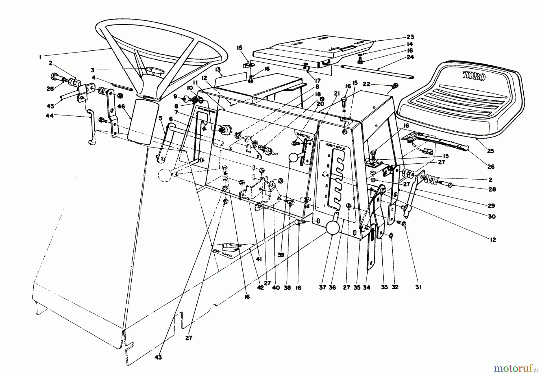 Toro Neu Mowers, Rear-Engine Rider 56170 (11-32) - Toro 11-32 Professional, 1986 (6000001-6999999) SEAT & STEERING WHEEL ASSEMBLY