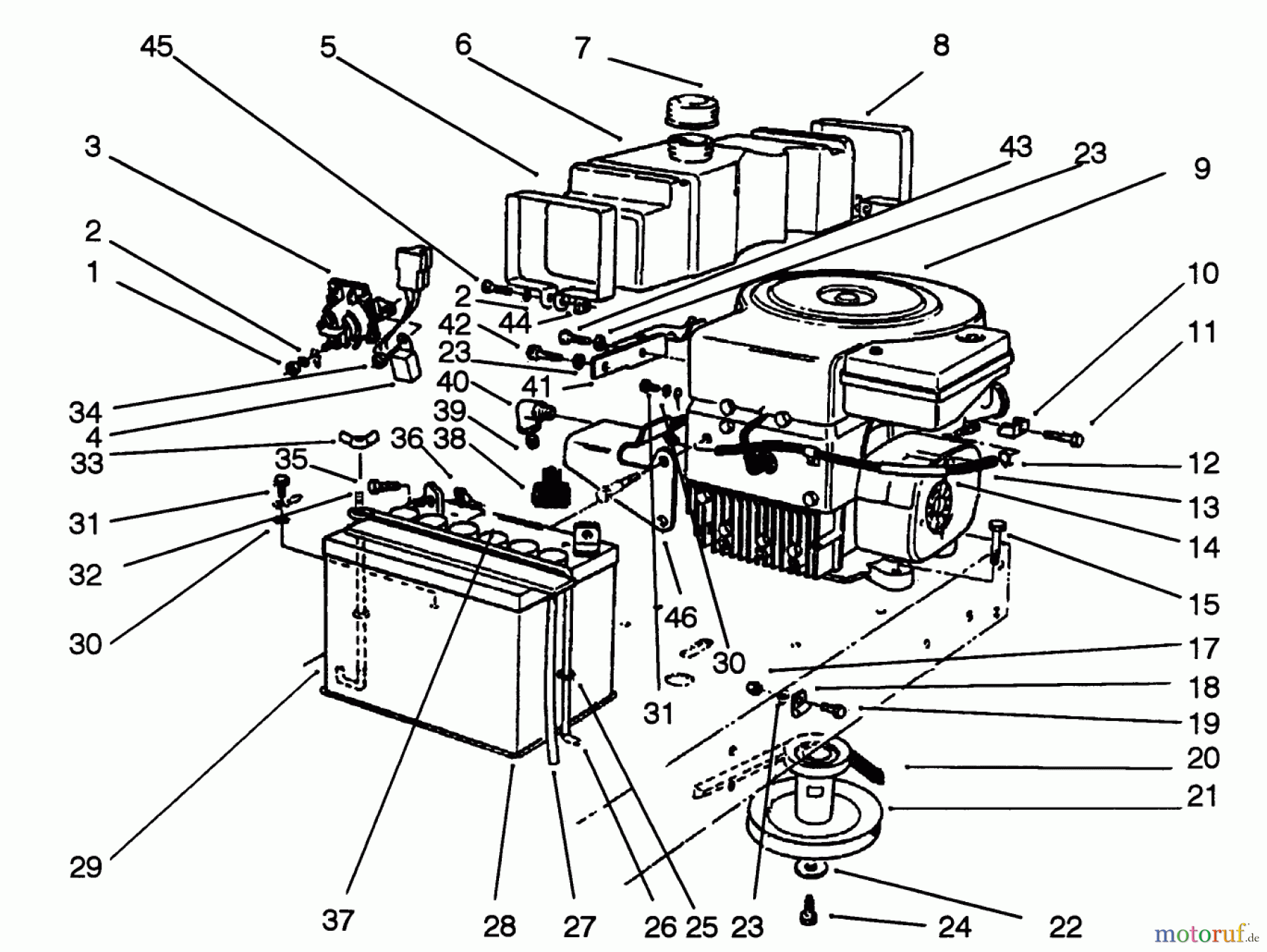  Toro Neu Mowers, Rear-Engine Rider 56185 (8-32) - Toro 8-32 Rear Engine Rider, 1992 (2000001-2999999) ENGINE ASSEMBLY #1