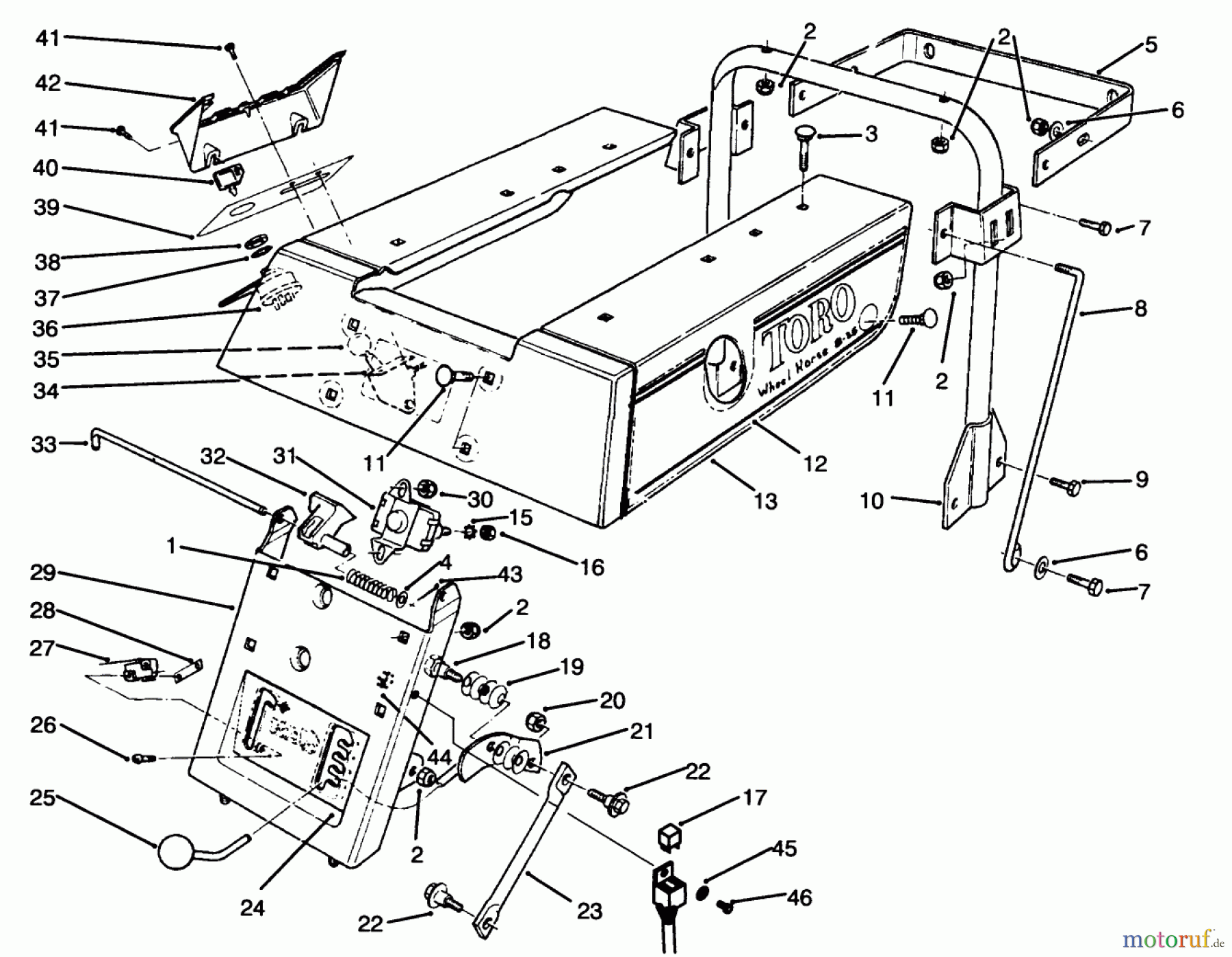 Toro Neu Mowers, Rear-Engine Rider 70040 (8-25) - Toro 8-25 Rear Engine Rider, 1994 (49000001-49999999) REAR BODY ASSEMBLY