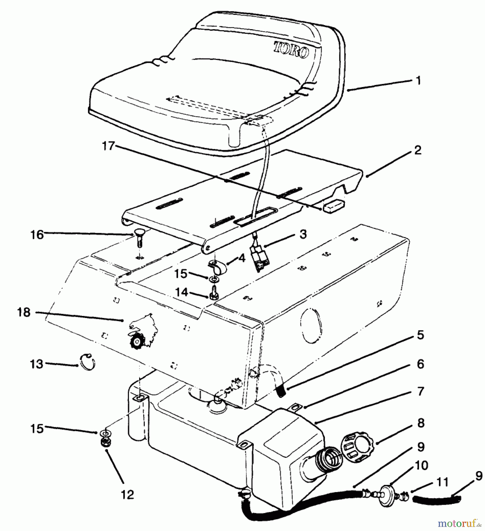 Toro Neu Mowers, Rear-Engine Rider 70040 (8-25) - Toro 8-25 Rear Engine Rider, 1994 (49000001-49999999) SEAT & GAS TANK ASSEMBLY