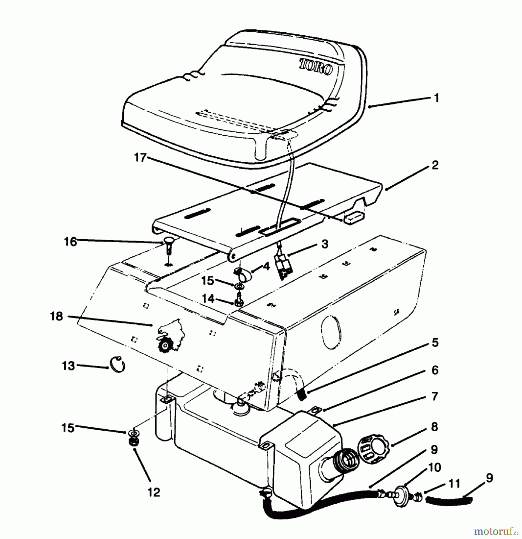 Toro Neu Mowers, Rear-Engine Rider 70040 (8-25) - Toro 8-25 Rear Engine Rider, 1997 (7900001-7900578) SEAT & GAS TANK ASSEMBLY