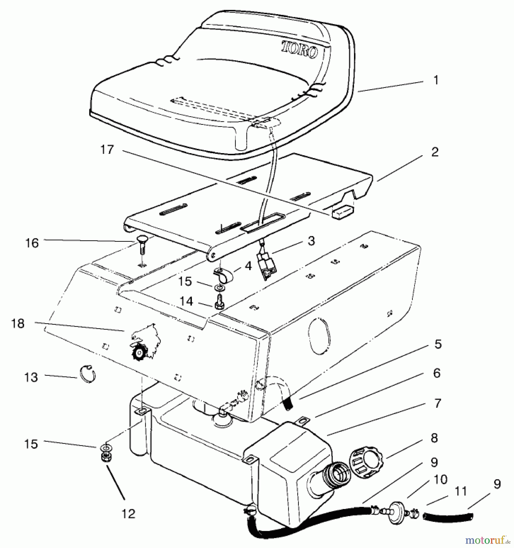 Toro Neu Mowers, Rear-Engine Rider 70044 (8-25) - Toro 8-25 Rear Engine Rider, 1999 (9900001-9999999) SEAT & GAS TANK ASSEMBLY
