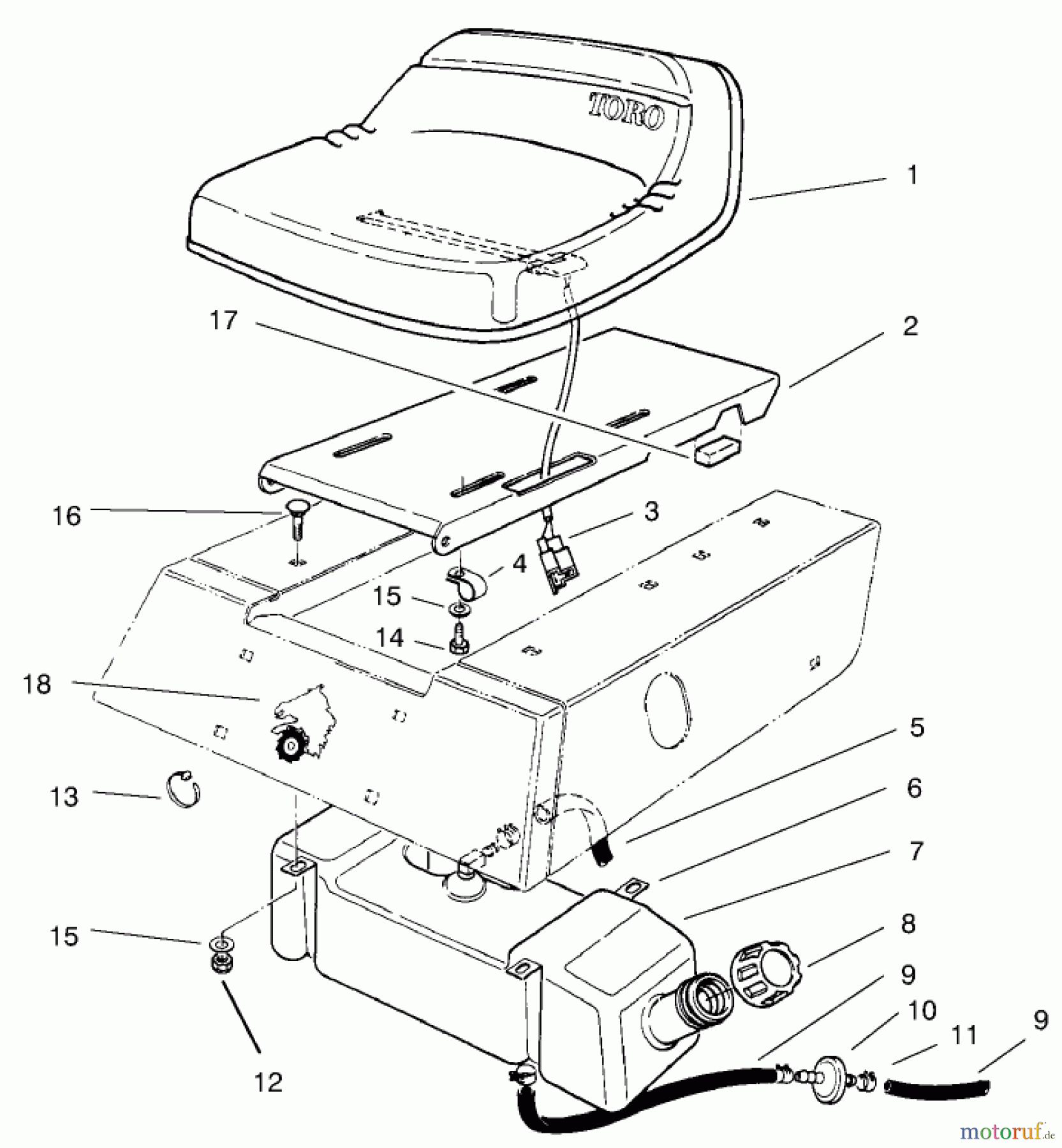Toro Neu Mowers, Rear-Engine Rider 70044 (8-25) - Toro 8-25 Rear Engine Rider, 2002 (220000001-220999999) SEAT & GAS TANK ASSEMBLY