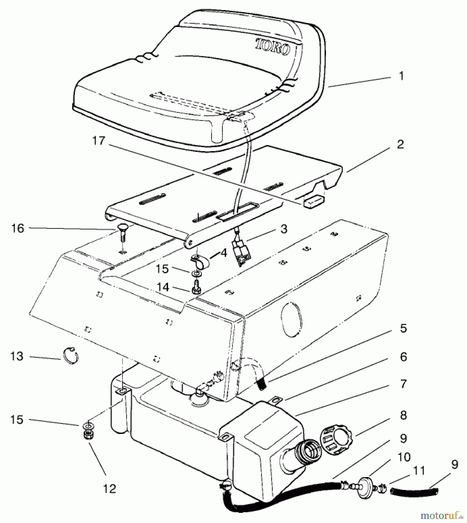 Toro Neu Mowers, Rear-Engine Rider 70122 (8-25) - Toro 8-25 Rear Engine Rider, 1999 (9900001-9999999) SEAT & GAS TANK ASSEMBLY