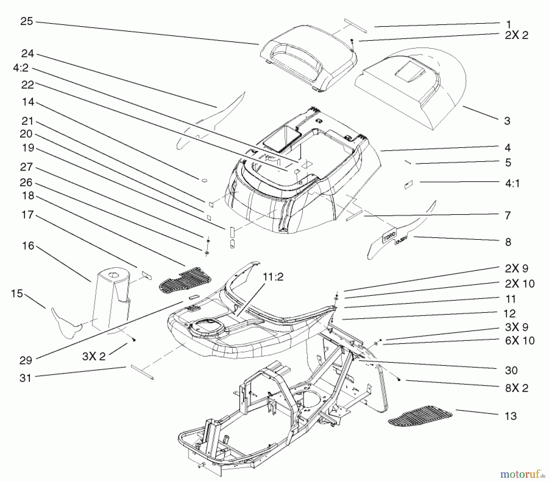 Toro Neu Mowers, Rear-Engine Rider 70125 (13-32G) - Toro 13-32G Rear Engine Rider, 2002 (220000001-220999999) BODY AND DECAL ASSEMBLY