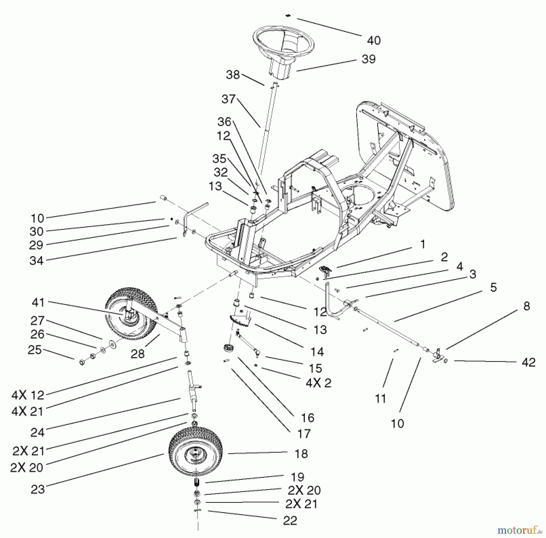 Toro Neu Mowers, Rear-Engine Rider 70125 (13-32G) - Toro 13-32G Rear Engine Rider, 2002 (220000001-220999999) FRONT AXLE AND STEERING ASSEMBLY