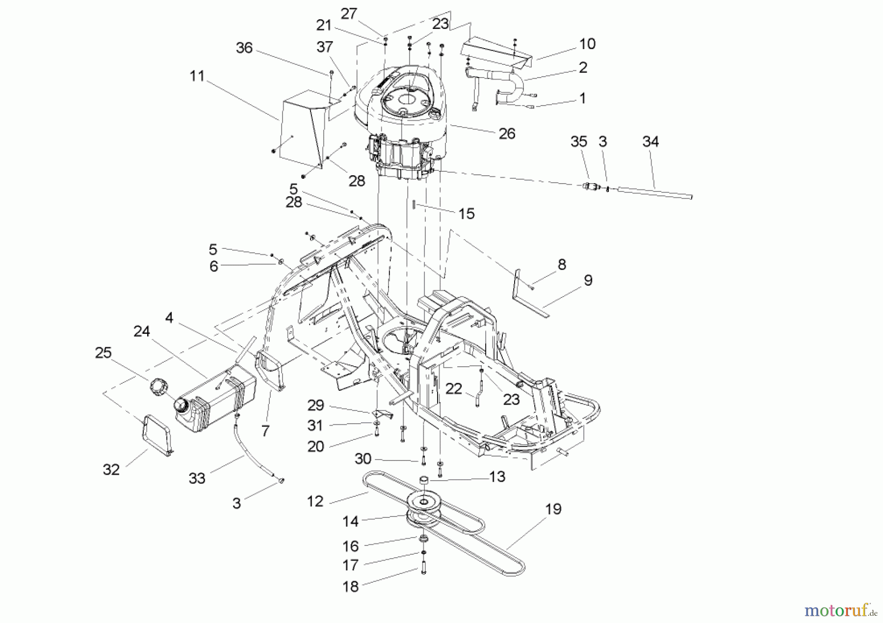 Toro Neu Mowers, Rear-Engine Rider 70185 (G132) - Toro G132 Rear-Engine Riding Mower, 2005 (250000001-250999999) ENGINE AND FUEL TANK ASSEMBLY