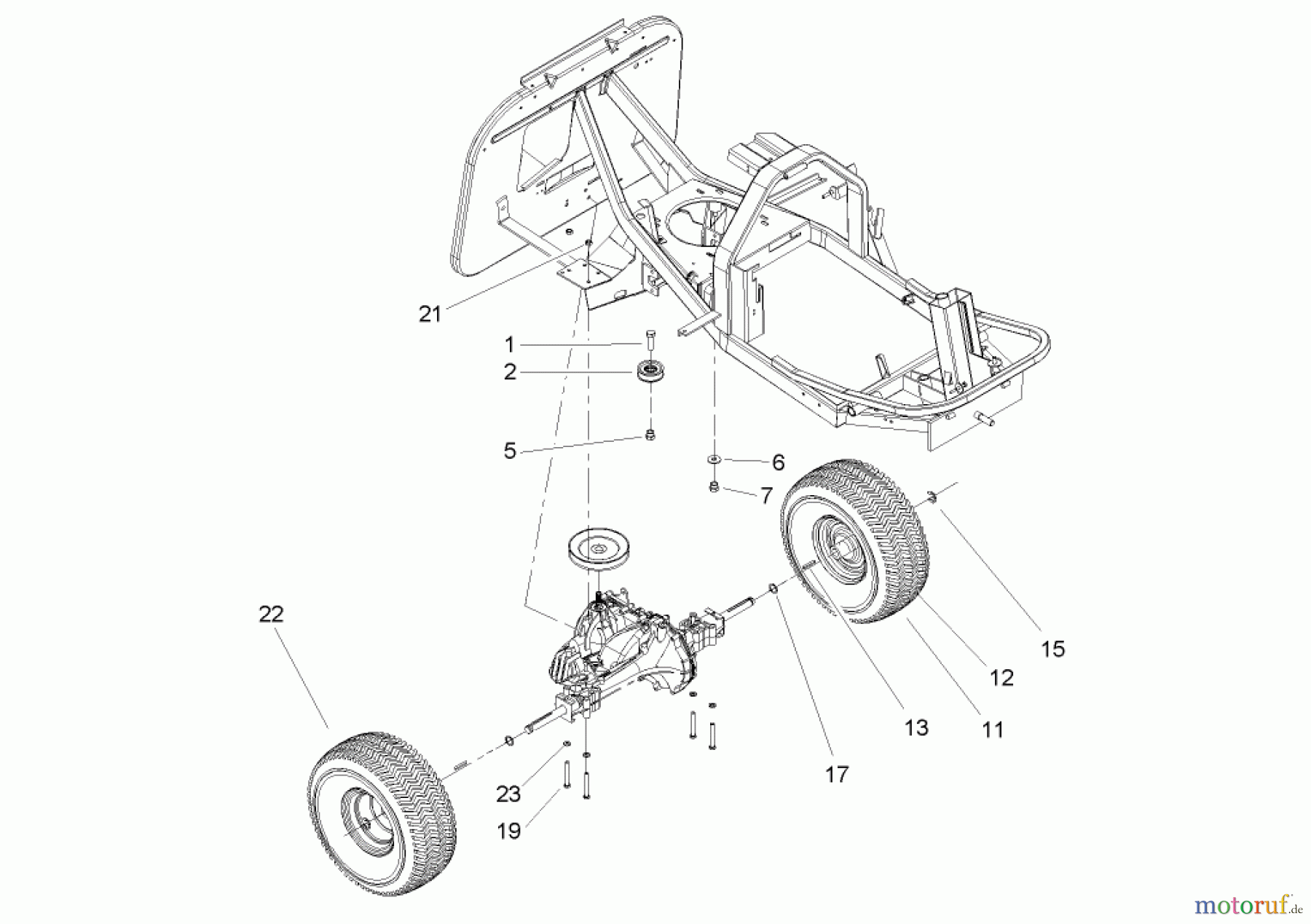 Toro Neu Mowers, Rear-Engine Rider 70185 (G132) - Toro G132 Rear-Engine Riding Mower, 2005 (250000001-250999999) REAR WHEEL AND TRANSMISSION ASSEMBLY