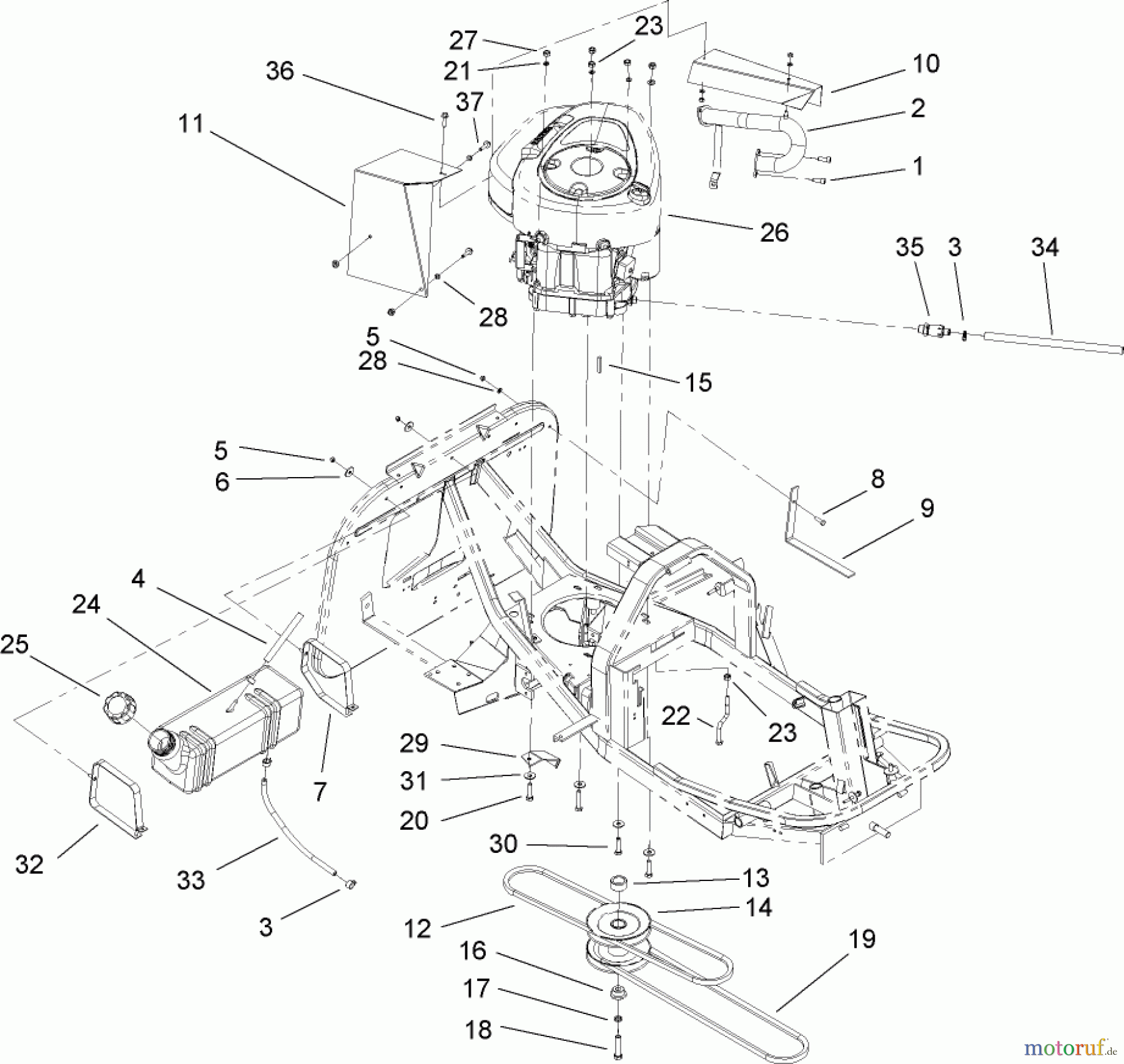 Toro Neu Mowers, Rear-Engine Rider 70185 (G132) - Toro G132 Rear-Engine Riding Mower, 2007 (270000001-270805705) ENGINE AND FUEL TANK ASSEMBLY