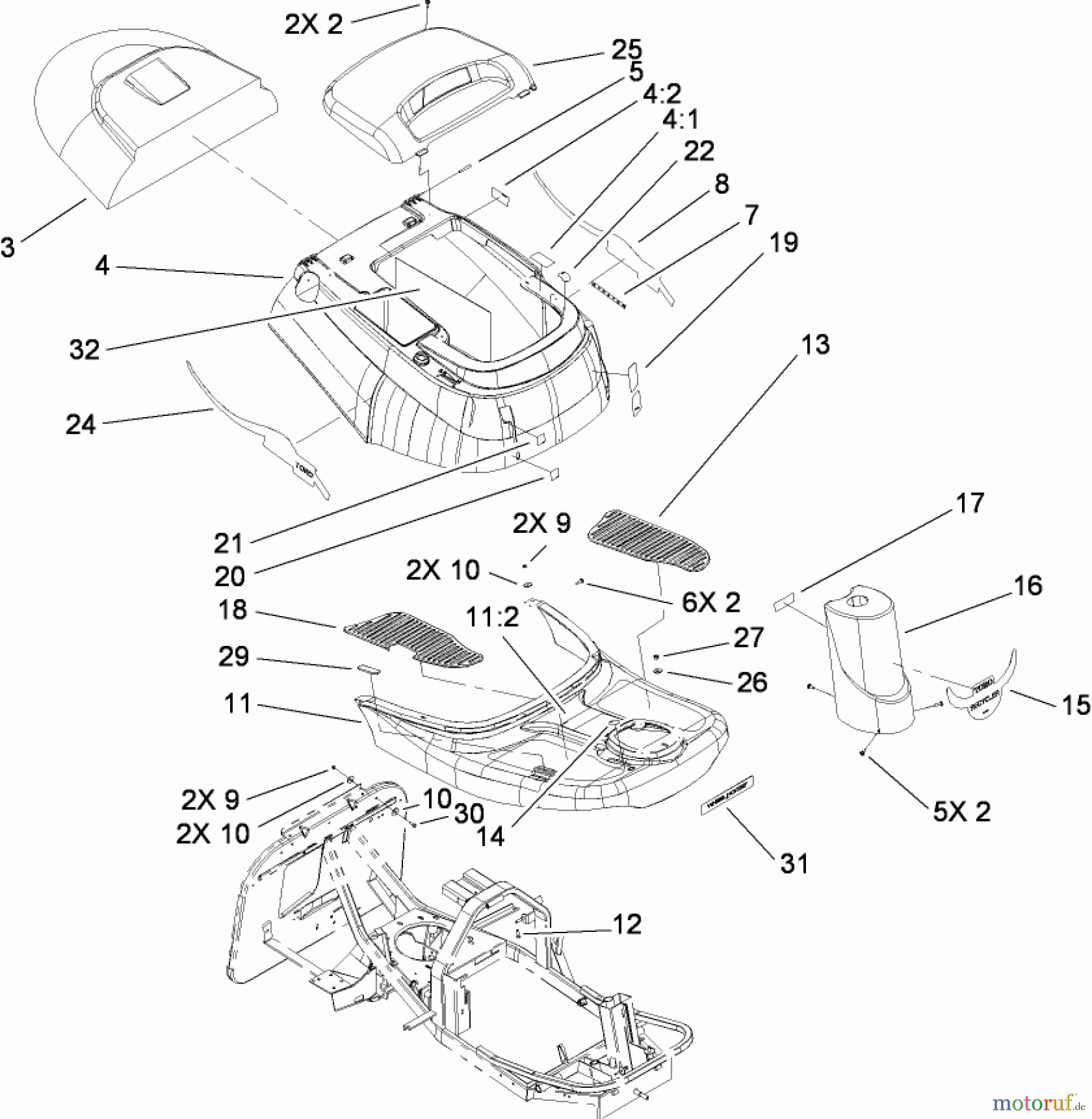 Toro Neu Mowers, Rear-Engine Rider 70185 (G132) - Toro G132 Rear-Engine Riding Mower, 2009 (280899565-290999999) BODY AND DECAL ASSEMBLY