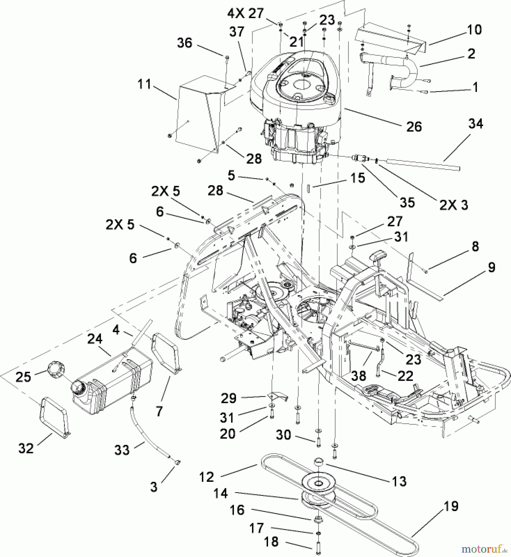 Toro Neu Mowers, Rear-Engine Rider 70185 (G132) - Toro G132 Rear-Engine Riding Mower, 2008 (270805706-280899564) ENGINE AND FUEL TANK ASSEMBLY