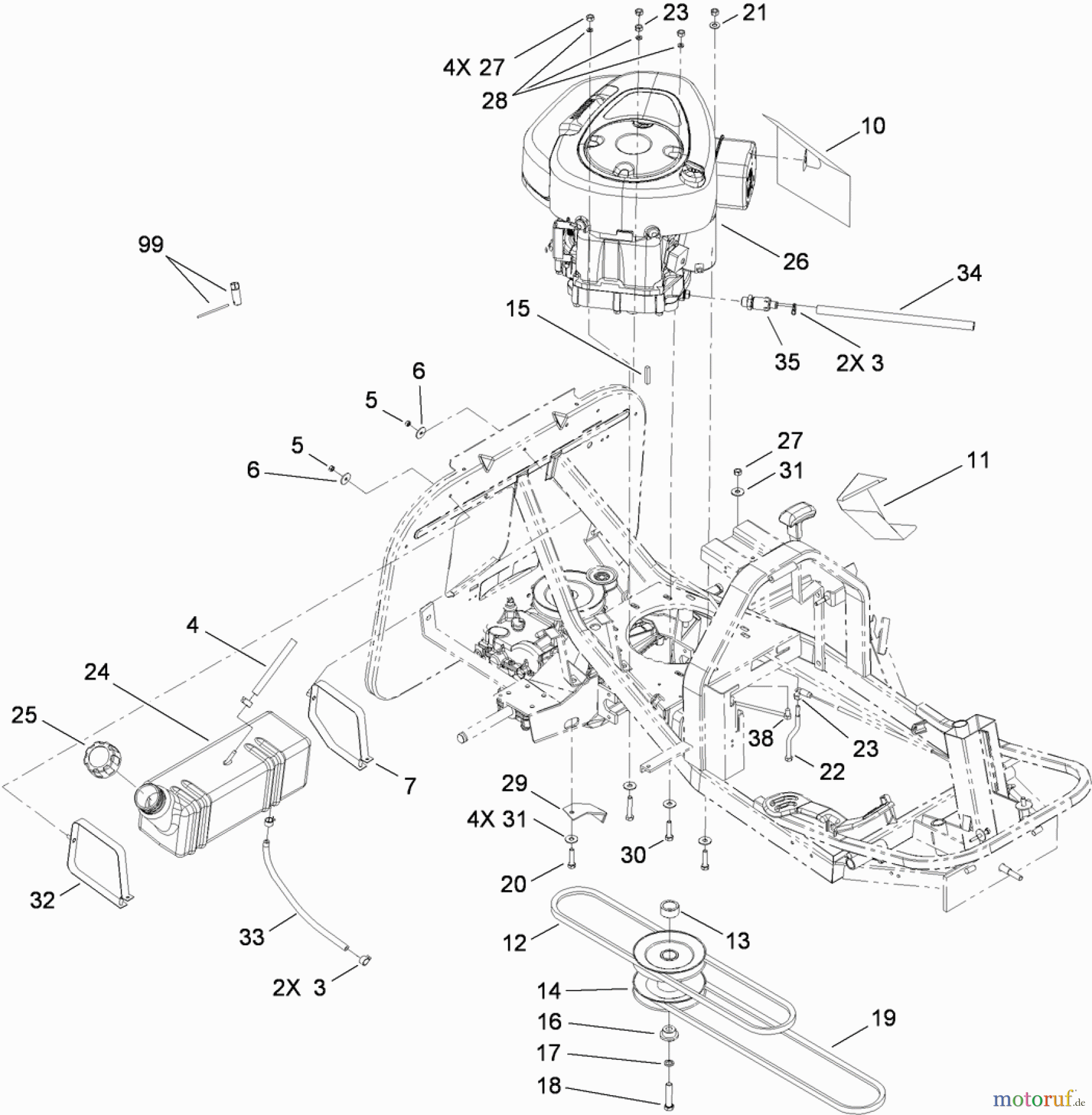  Toro Neu Mowers, Rear-Engine Rider 70185 (G132) - Toro G132 Rear-Engine Riding Mower, 2010 (310000001-310999999) ENGINE AND FUEL TANK ASSEMBLY
