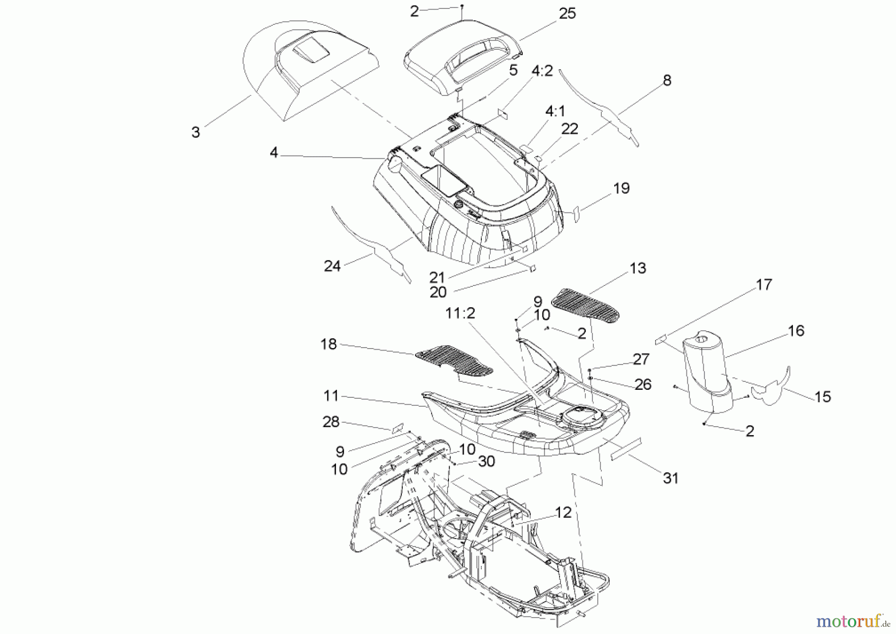  Toro Neu Mowers, Rear-Engine Rider 70186 (13-32H) - Toro 13-32H Rear-Engine Riding Mower, 2004 (240000001-240999999) BODY AND DECAL ASSEMBLY