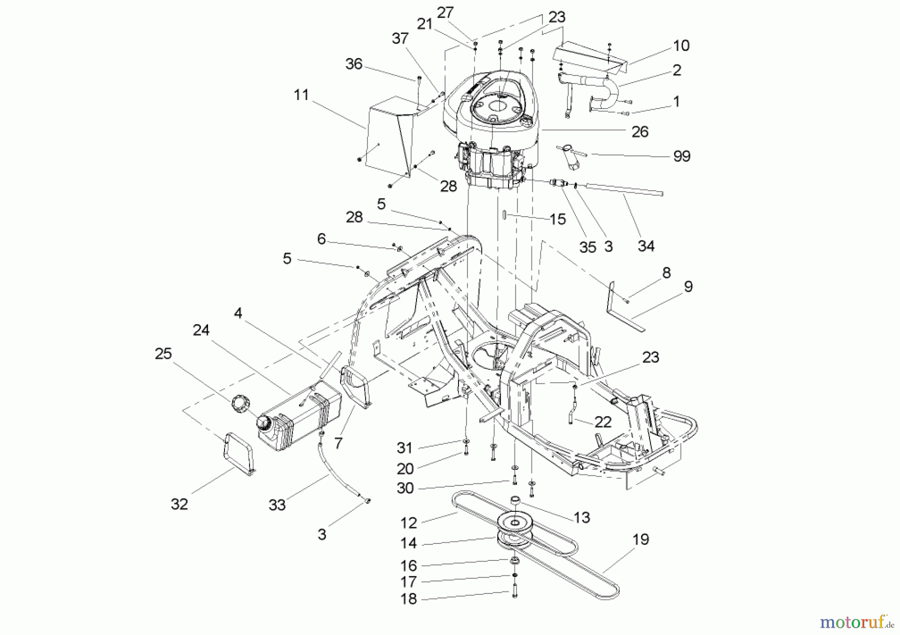 Toro Neu Mowers, Rear-Engine Rider 70186 (13-32H) - Toro 13-32H Rear-Engine Riding Mower, 2004 (240000001-240999999) ENGINE AND FUEL TANK ASSEMBLY