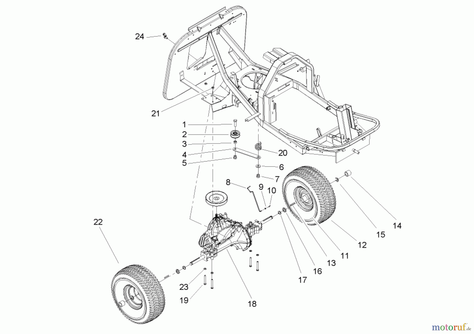 Toro Neu Mowers, Rear-Engine Rider 70186 (13-32H) - Toro 13-32H Rear-Engine Riding Mower, 2004 (240000001-240999999) REAR WHEEL AND TRANSMISSION ASSEMBLY
