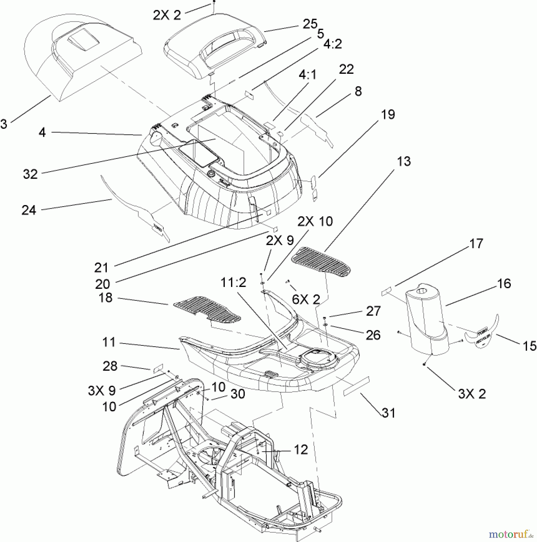 Toro Neu Mowers, Rear-Engine Rider 70186 (H132) - Toro H132 Rear-Engine Riding Mower, 2007 (260732867-270805635) BODY AND DECAL ASSEMBLY