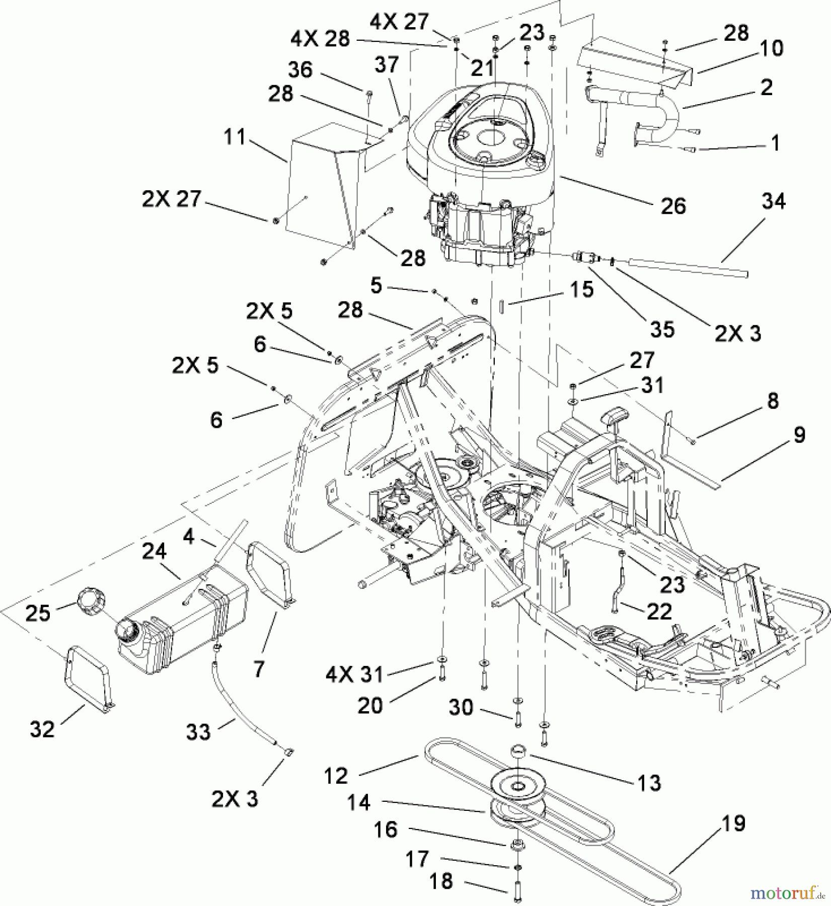  Toro Neu Mowers, Rear-Engine Rider 70186 (H132) - Toro H132 Rear-Engine Riding Mower, 2007 (260732867-270805635) ENGINE AND FUEL TANK ASSEMBLY