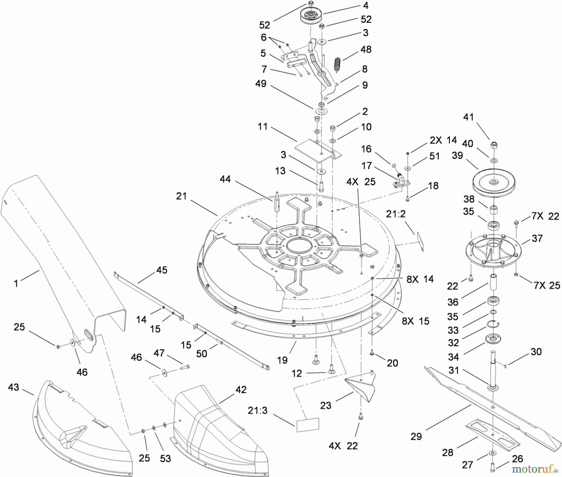 Toro Neu Mowers, Rear-Engine Rider 70186 (H132) - Toro H132 Rear-Engine Riding Mower, 2010 (310000001-310999999) DECK AND SPINDLE ASSEMBLY