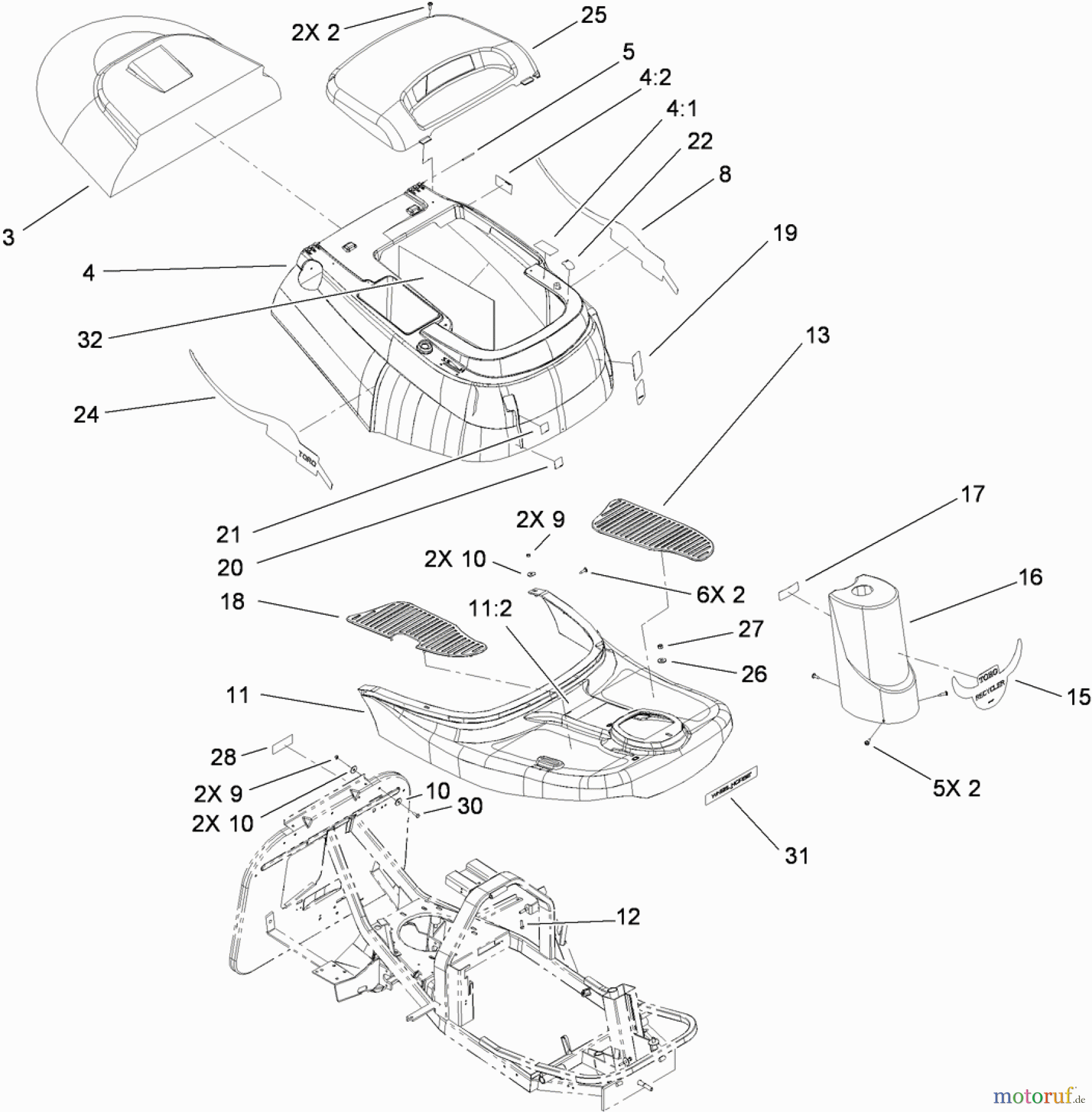 Toro Neu Mowers, Rear-Engine Rider 70186 (H132) - Toro H132 Rear-Engine Riding Mower, 2011 (311000001-311999999) BODY AND DECAL ASSEMBLY