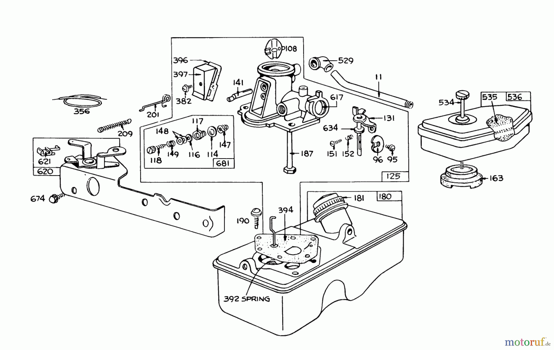  Toro Neu Mowers, Walk-Behind Seite 1 16155 - Toro Whirlwind II Lawnmower, 1977 (7000001-7999999) BRIGGS & STRATTON CARBURETOR ASSEMBLY MODEL 390064 FOR 19
