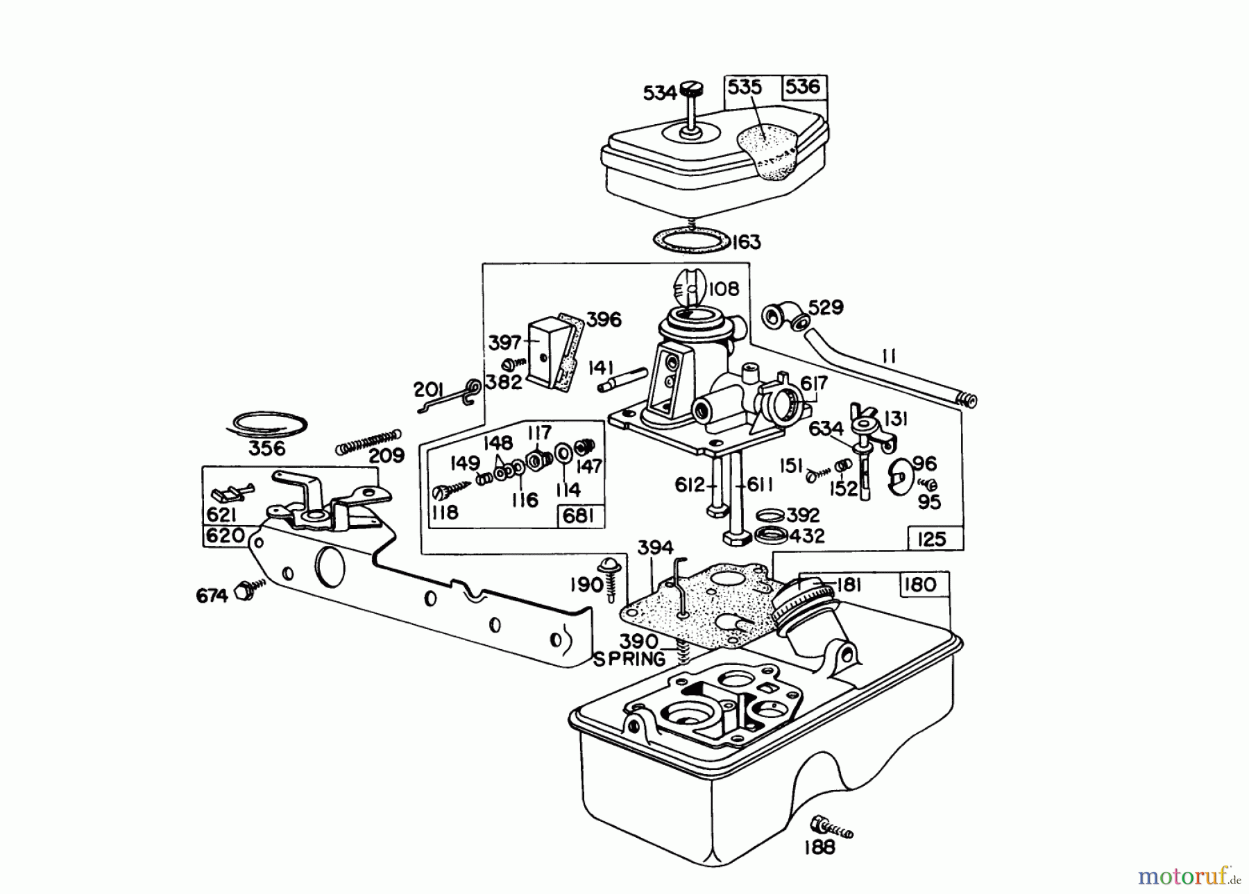  Toro Neu Mowers, Walk-Behind Seite 1 16155 - Toro Whirlwind II Lawnmower, 1977 (7000001-7999999) CARBURETOR ASSEMBLY MODEL 390065 FOR 21