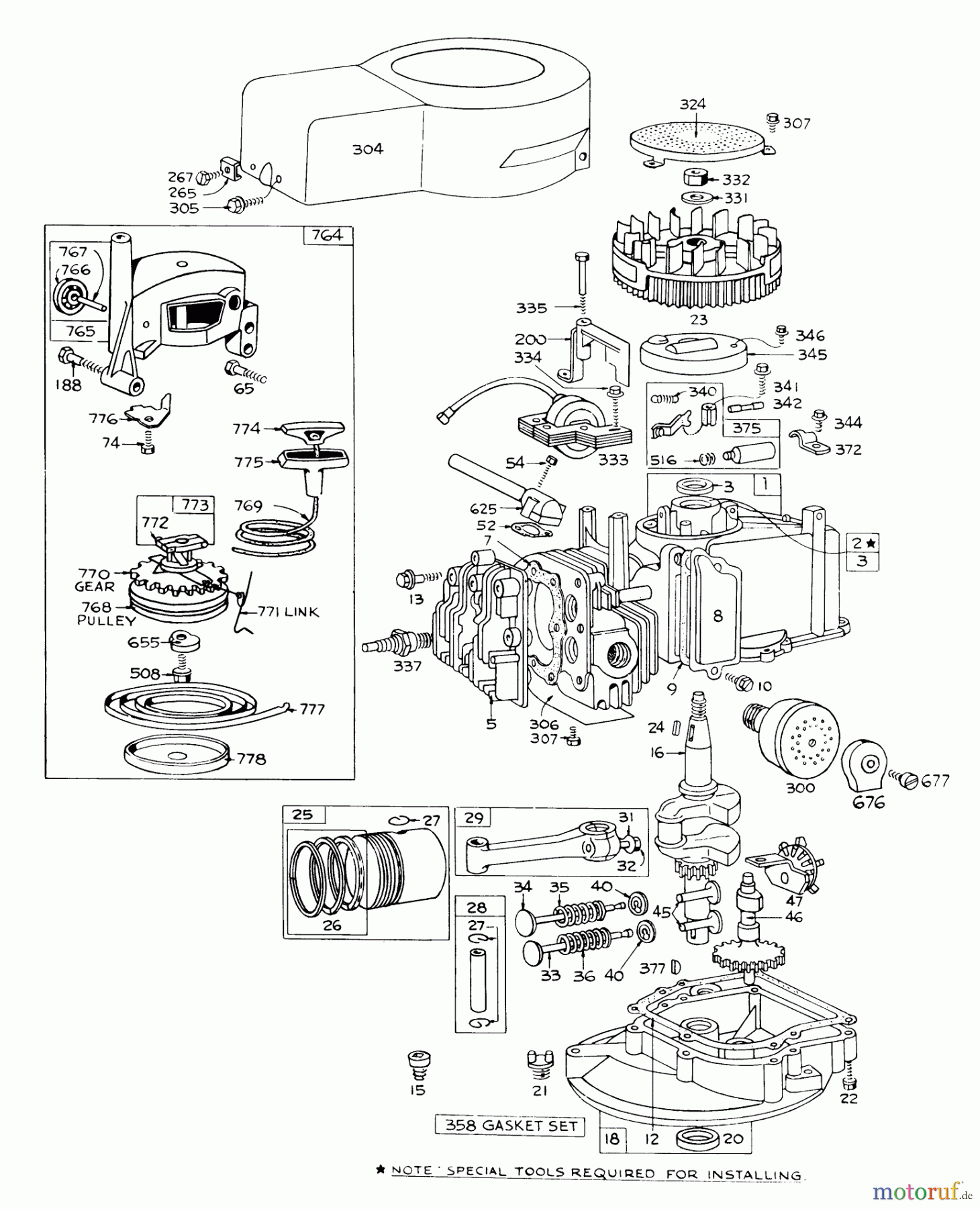 Toro Neu Mowers, Walk-Behind Seite 1 16273 - Toro Whirlwind Lawnmower, 1974 (4000001-4999999) ENGINE BRIGGS & STRATTON-MODEL 92508-0904-01 FOR 19