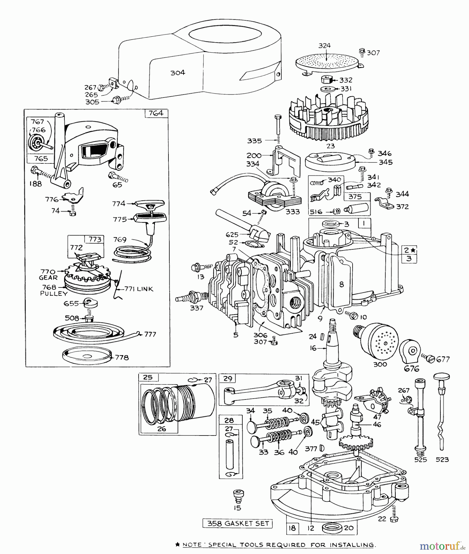 Toro Neu Mowers, Walk-Behind Seite 1 16173 - Toro Whirlwind Lawnmower, 1974 (4000001-4999999) ENGINE BRIGGS & STRATTON-MODEL 92908-1457-01 FOR 21