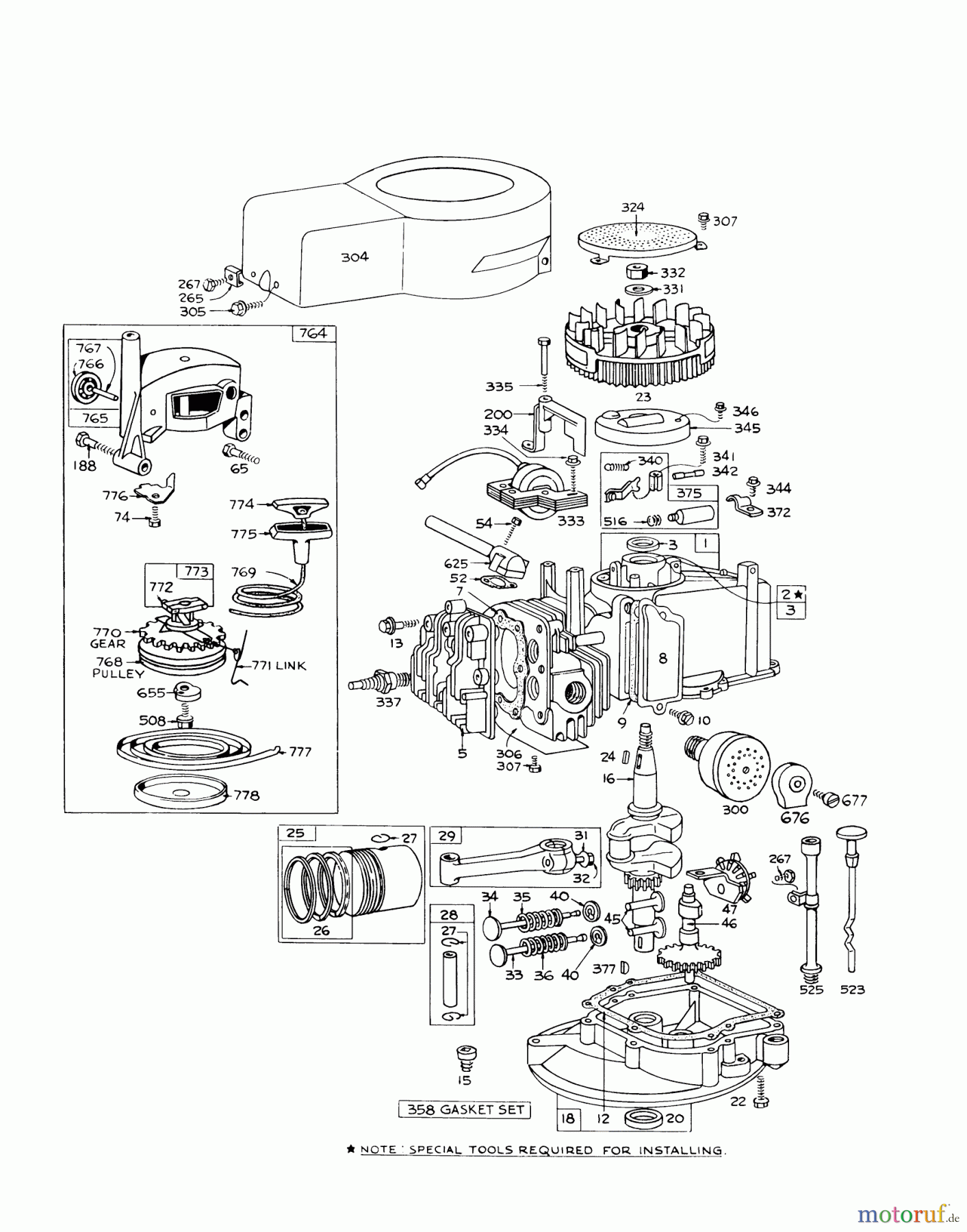  Toro Neu Mowers, Walk-Behind Seite 1 16173 - Toro Whirlwind Lawnmower, 1975 (5000001-5999999) ENGINE BRIGGS & STRATTON MODEL 92908-1457-01 FOR 21