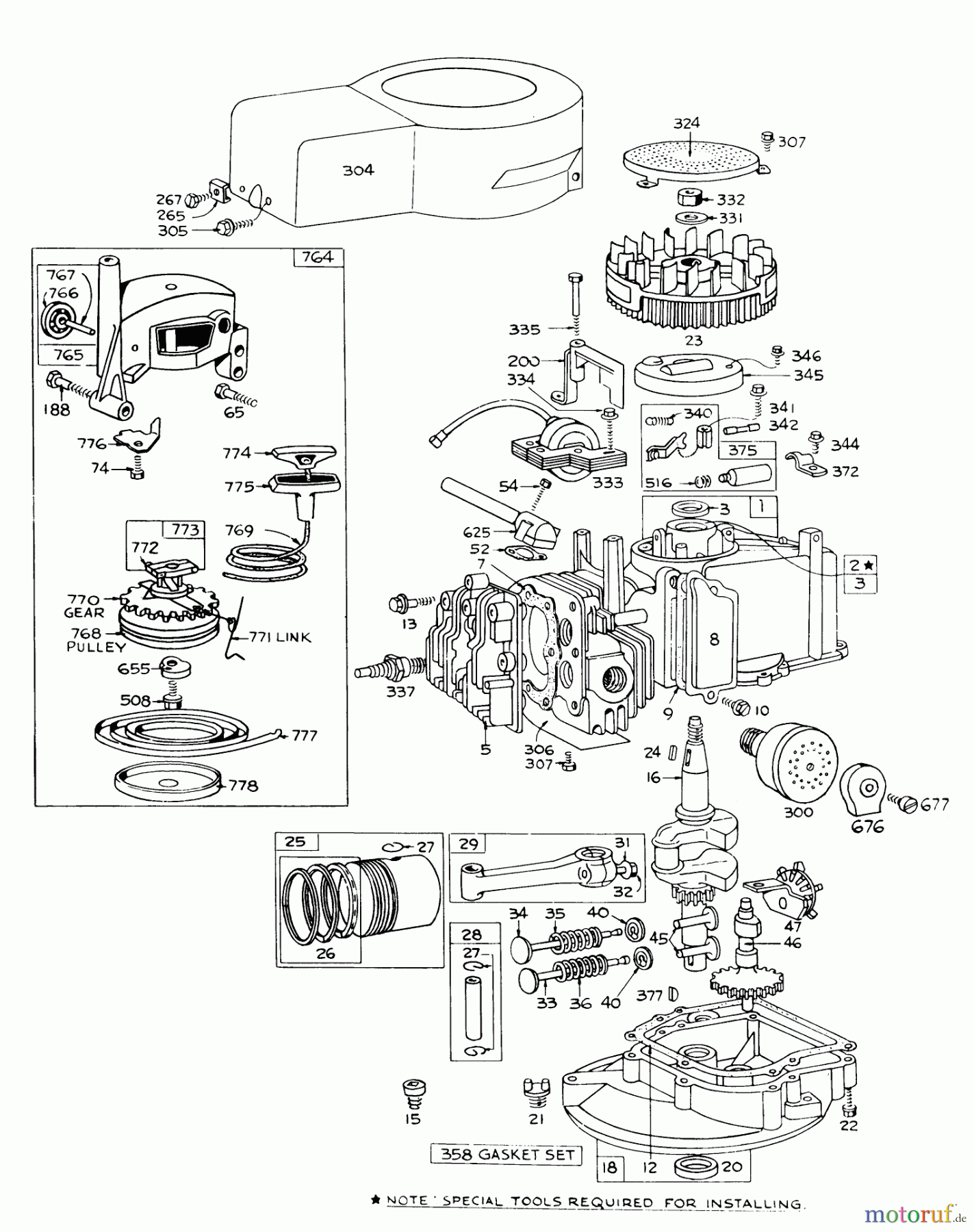 Toro Neu Mowers, Walk-Behind Seite 1 16073 - Toro Whirlwind Lawnmower, 1976 (6000001-6999999) ENGINE BRIGGS & STRATTON MODEL 92508-0904-01 FOR 19