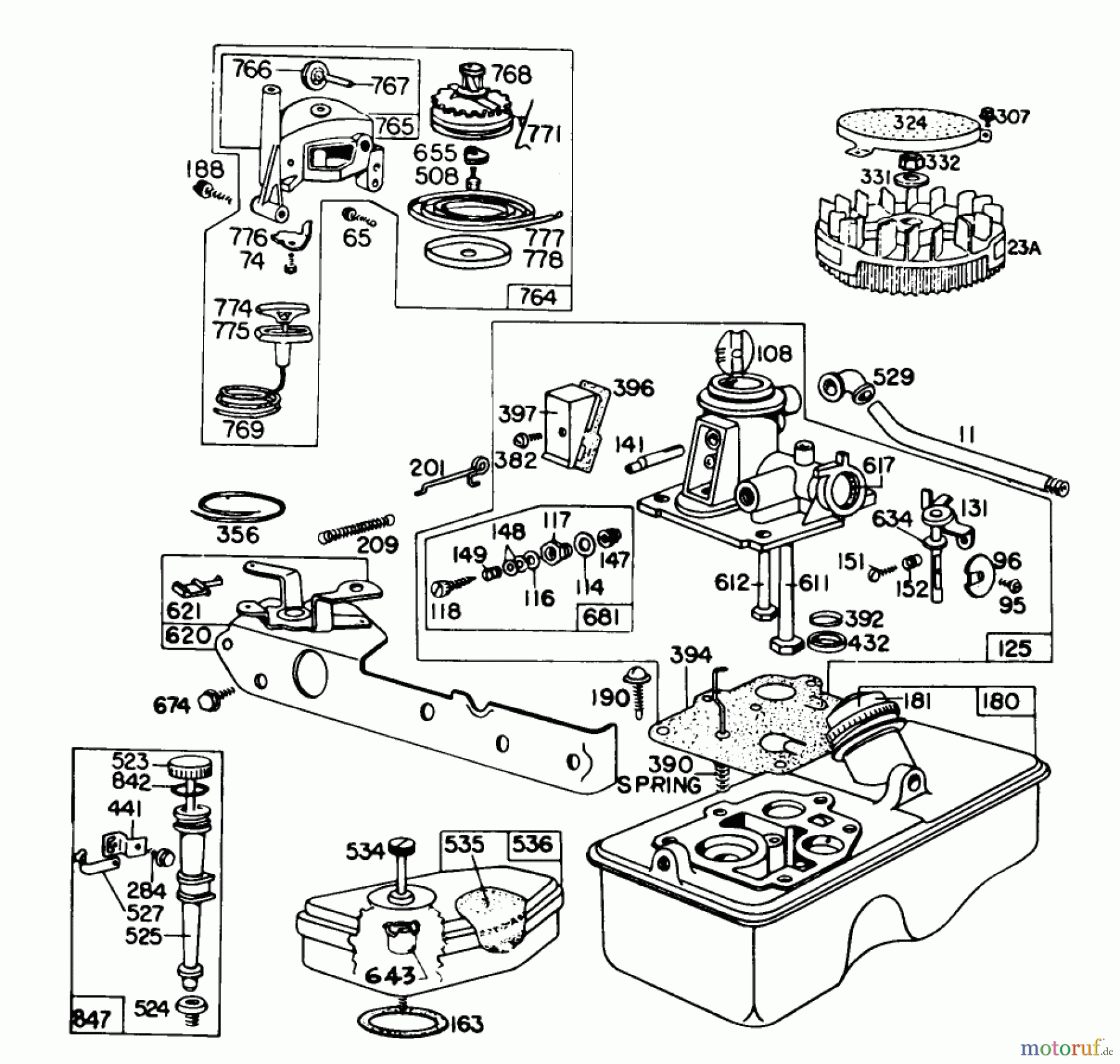  Toro Neu Mowers, Walk-Behind Seite 1 16800 - Toro Lawnmower, 1979 (9000001-9999999) CARBURETOR AND REWIND STARTER ASSEMBLY