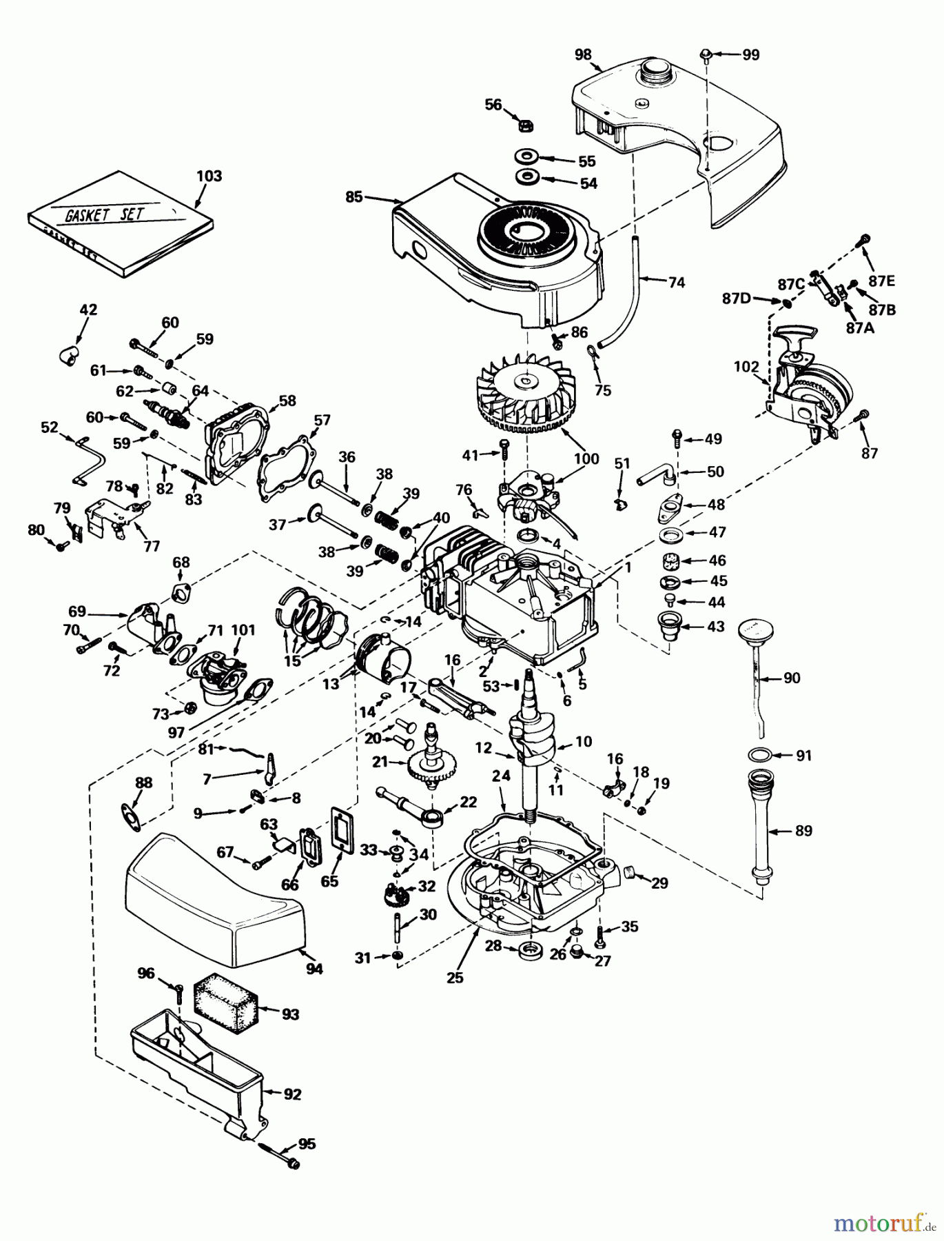  Toro Neu Mowers, Walk-Behind Seite 1 19400 - Toro Guardian Lawnmower, 1975 (5000001-5999999) ENGINE TECUMSEH MODEL TNT100-10043