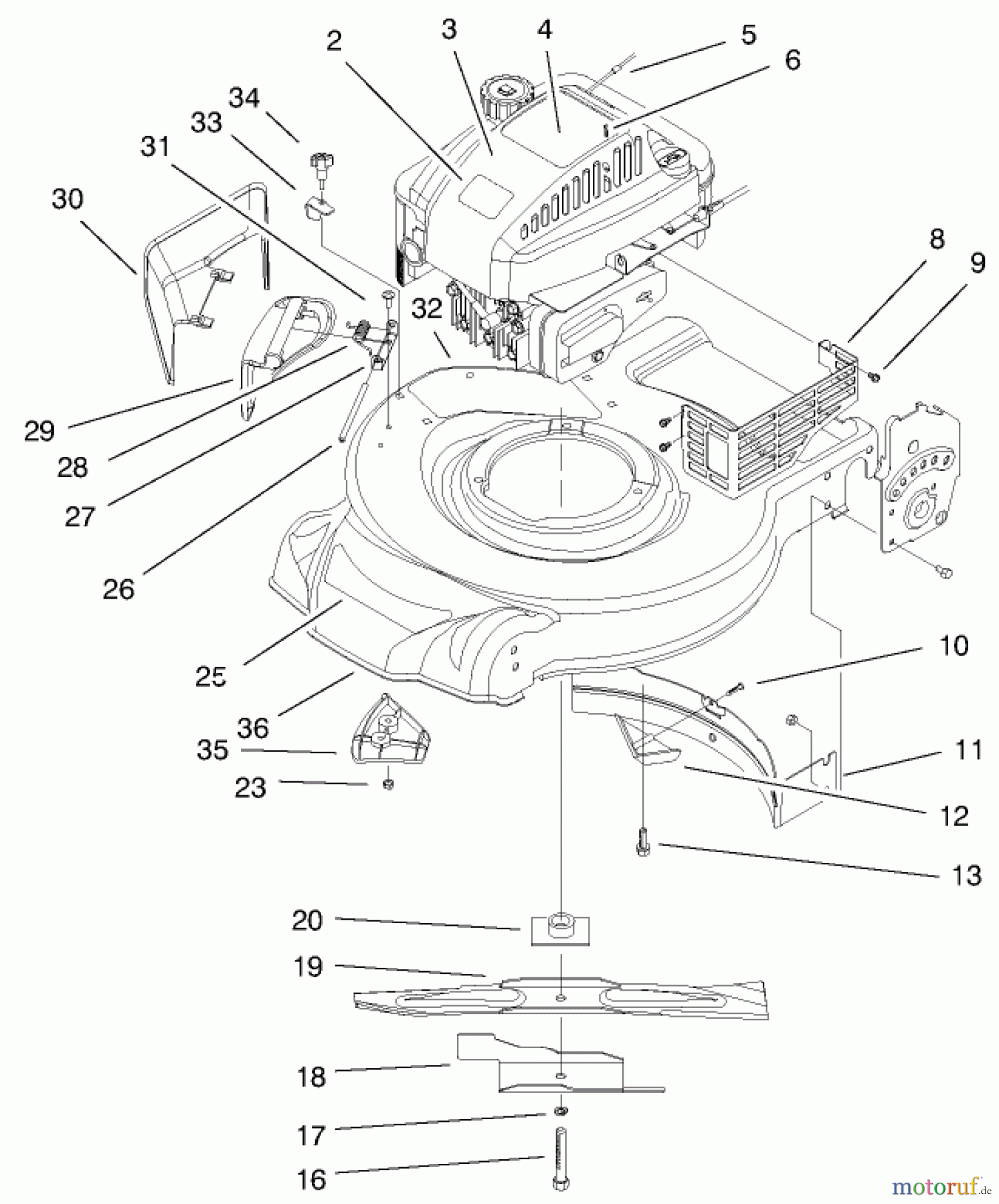 Toro Neu Mowers, Walk-Behind Seite 1 20010 (R-21P) - Toro Recycler Mower, R-21P, 2000 (200000001-200999999) ENGINE & BLADE ASSEMBLY