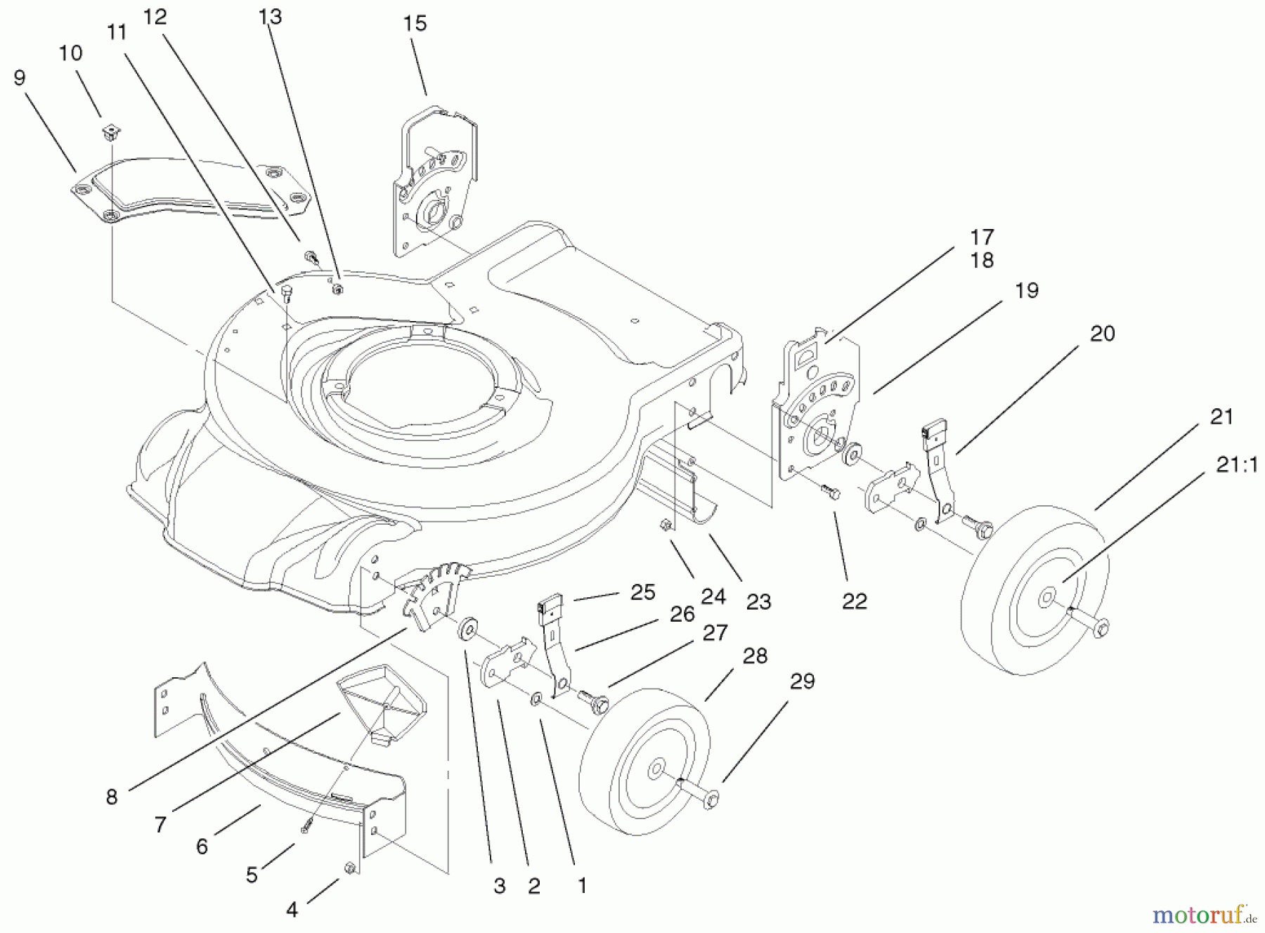 Toro Neu Mowers, Walk-Behind Seite 1 20010 (R-21P) - Toro Recycler Mower, R-21P, 2002 (220000001-220999999) HOUSING, HANDLE BRACKETS, AND WHEEL ASSEMBLY