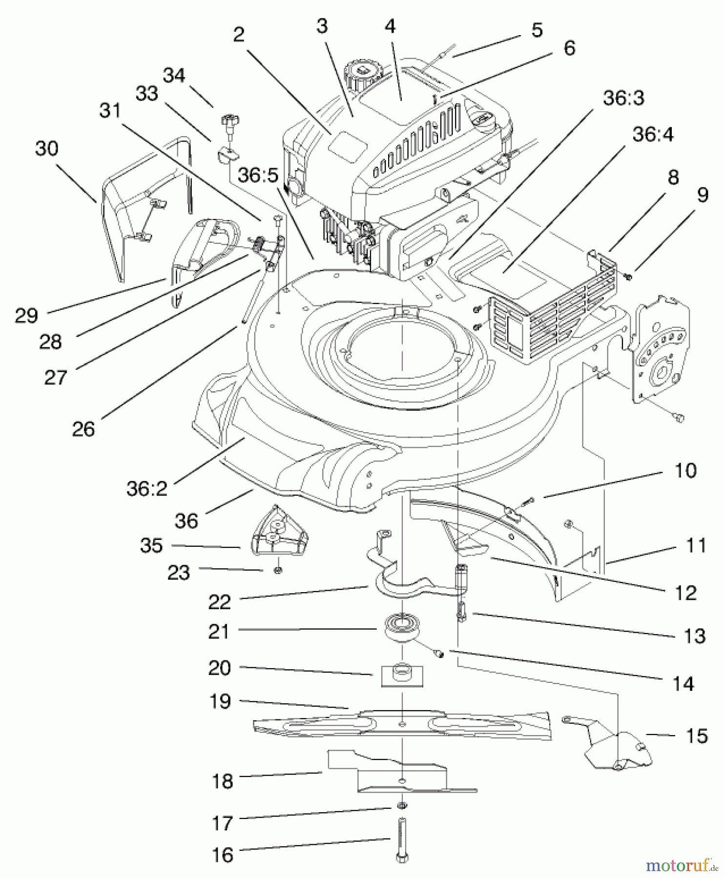 Toro Neu Mowers, Walk-Behind Seite 1 20020 (R-21S1) - Toro Recycler Mower, R-21S1, 1999 (9900001-9999999) ENGINE & BLADE ASSEMBLY