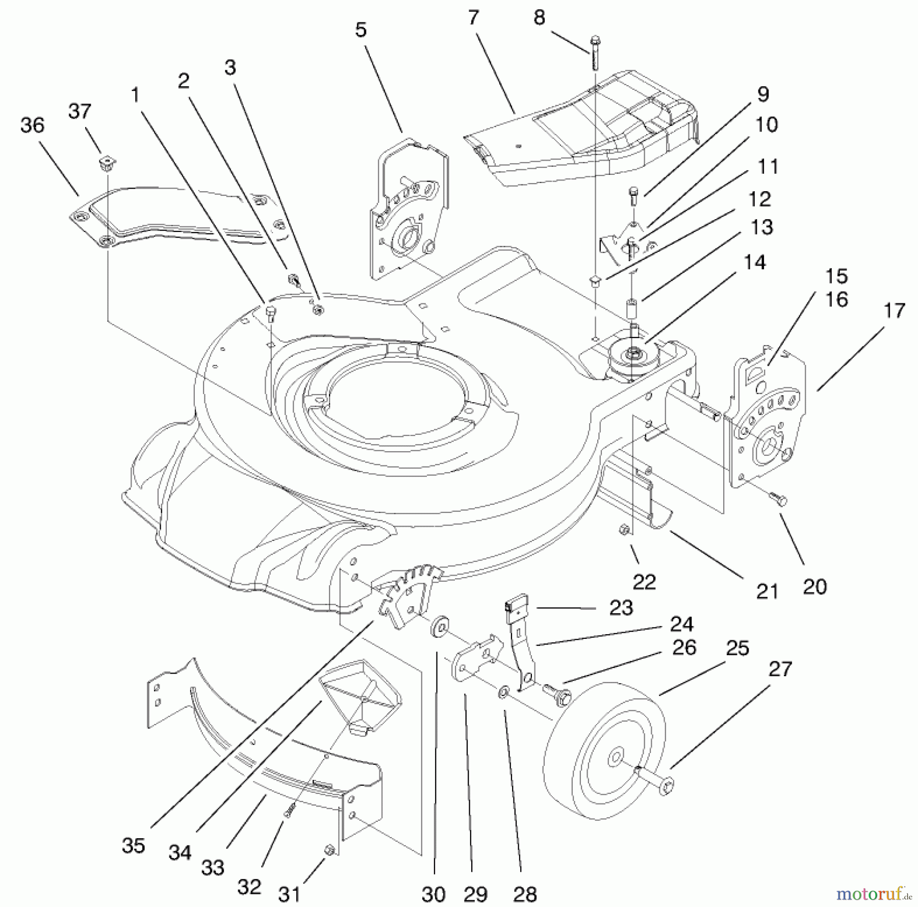  Toro Neu Mowers, Walk-Behind Seite 1 20020 (R-21S1) - Toro Recycler Mower, R-21S1, 1999 (9900001-9999999) HOUSING, HANDLE BRACKETS, & WHEEL ASSEMBLY
