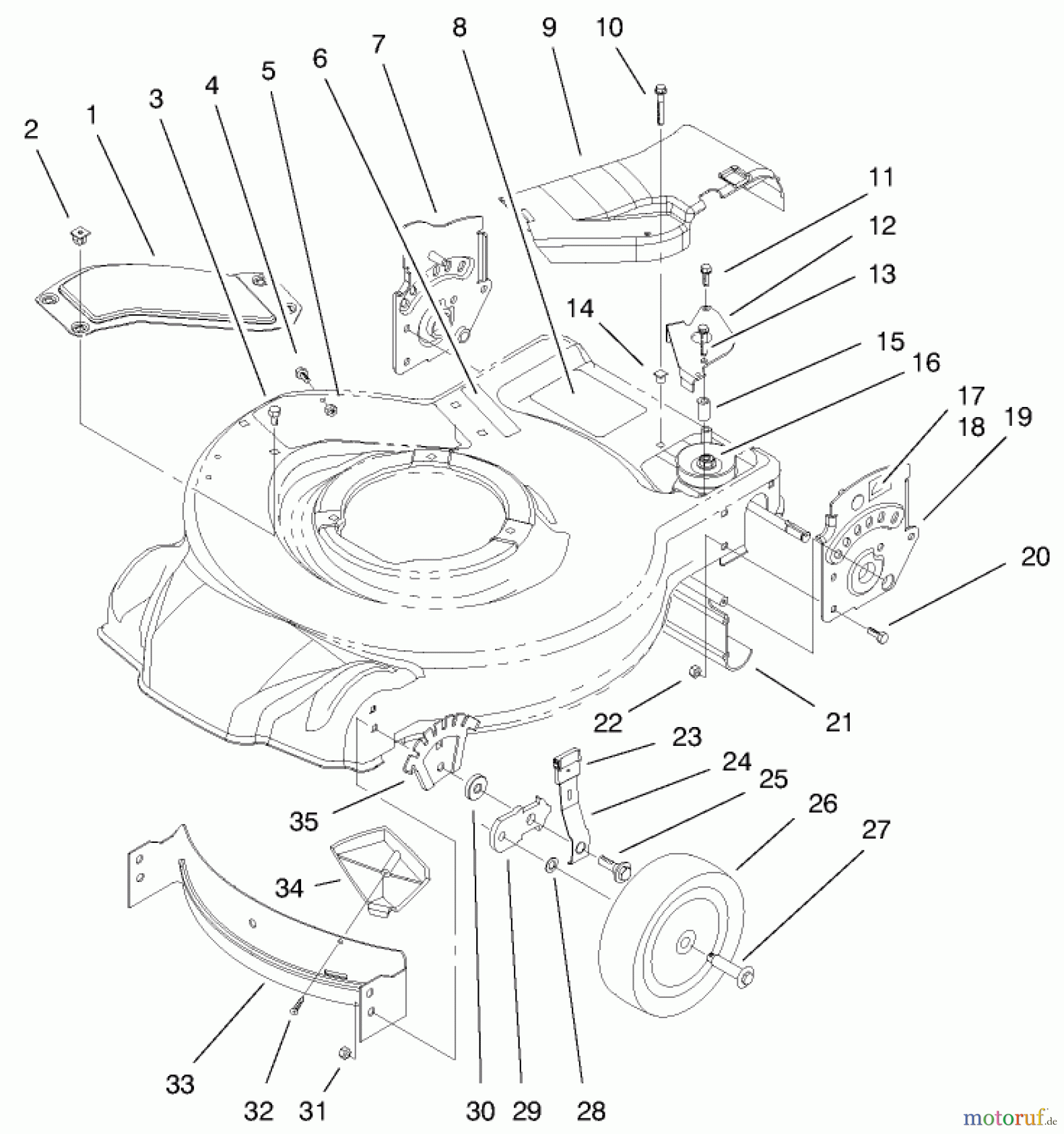  Toro Neu Mowers, Walk-Behind Seite 1 20023 (R-21SB) - Toro Recycler Mower, R-21SB, 1999 (9900001-9999999) HOUSING, HANDLE BRACKETS, & WHEEL ASSEMBLY
